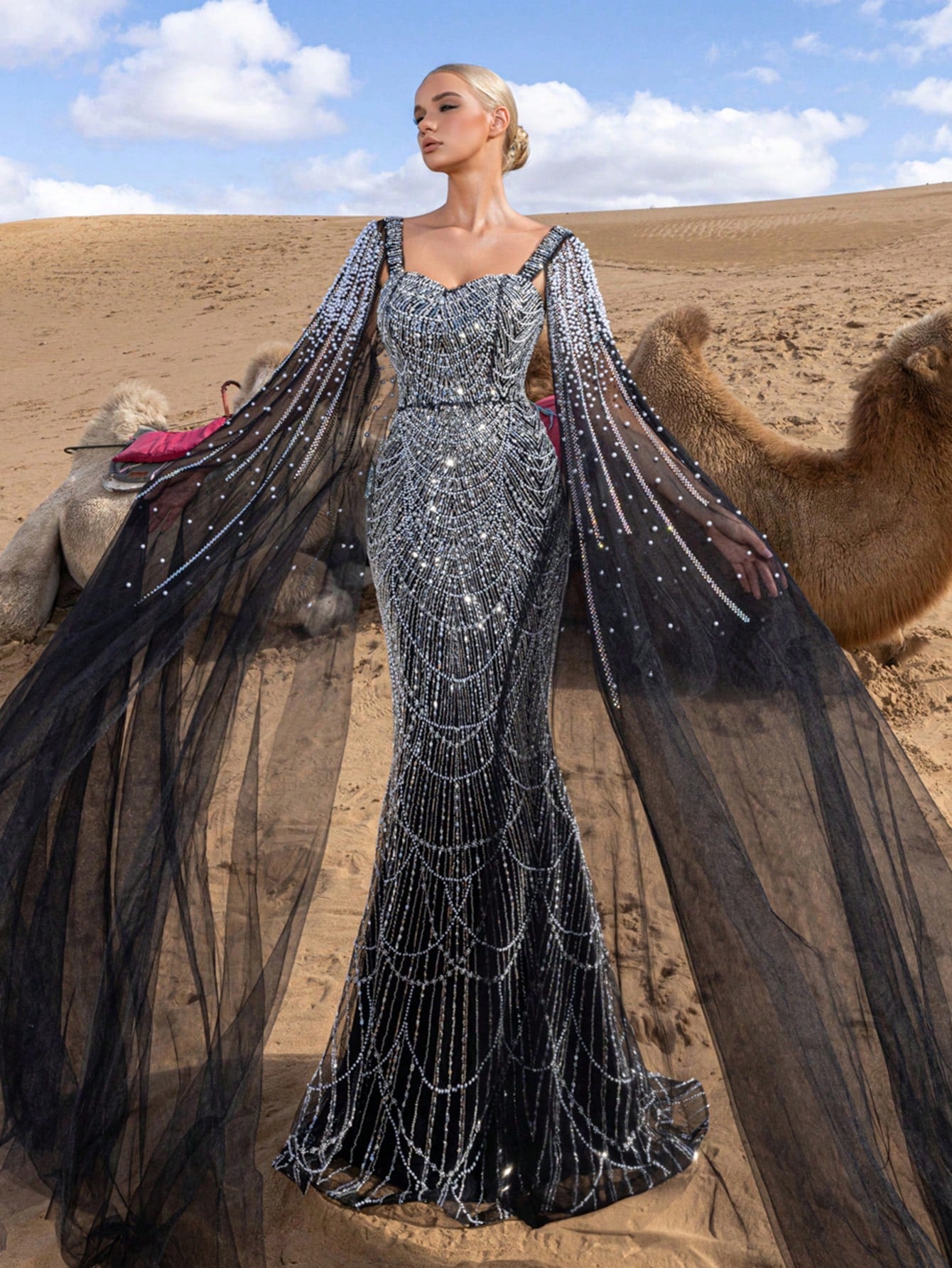 Elegant Gorgeous Beaded Sequin Evening Gown with Pearl Accent Cape Sleeves