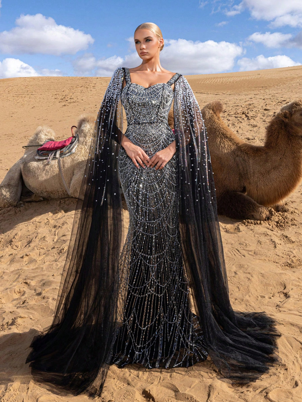 Elegant Gorgeous Beaded Sequin Evening Gown with Pearl Accent Cape Sleeves