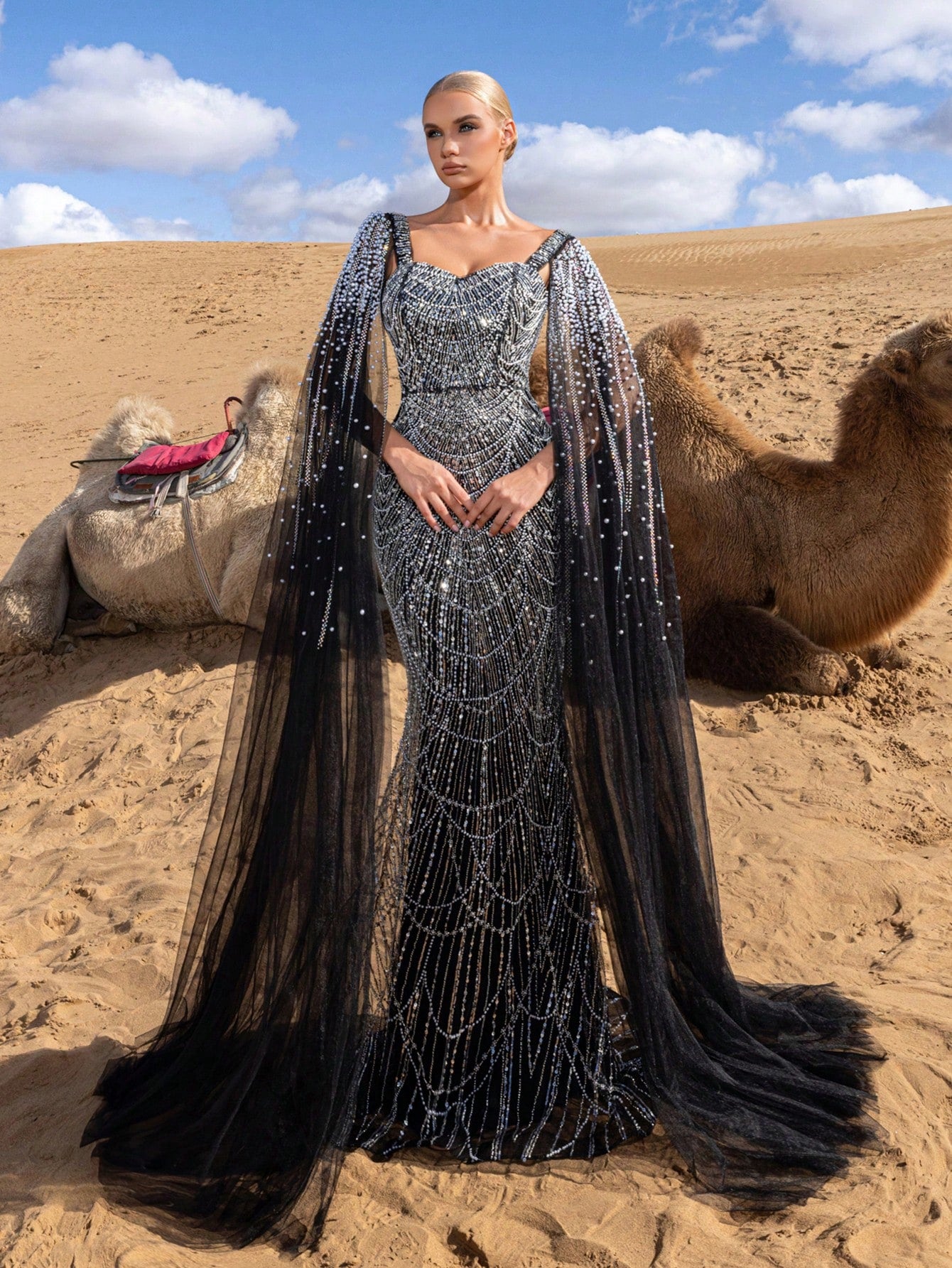 Elegant Gorgeous Beaded Sequin Evening Gown with Pearl Accent Cape Sleeves