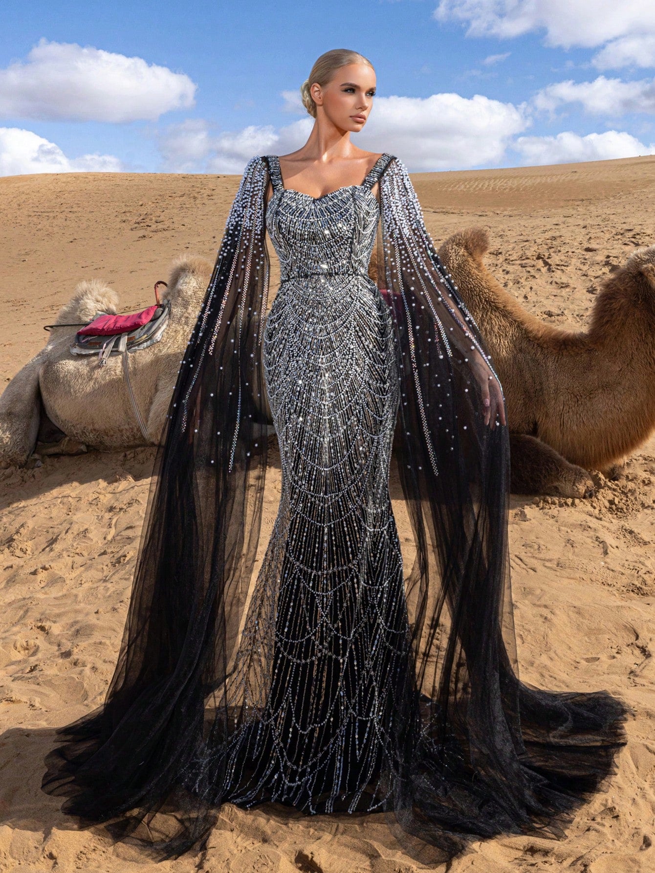 Elegant Gorgeous Beaded Sequin Evening Gown with Pearl Accent Cape Sleeves