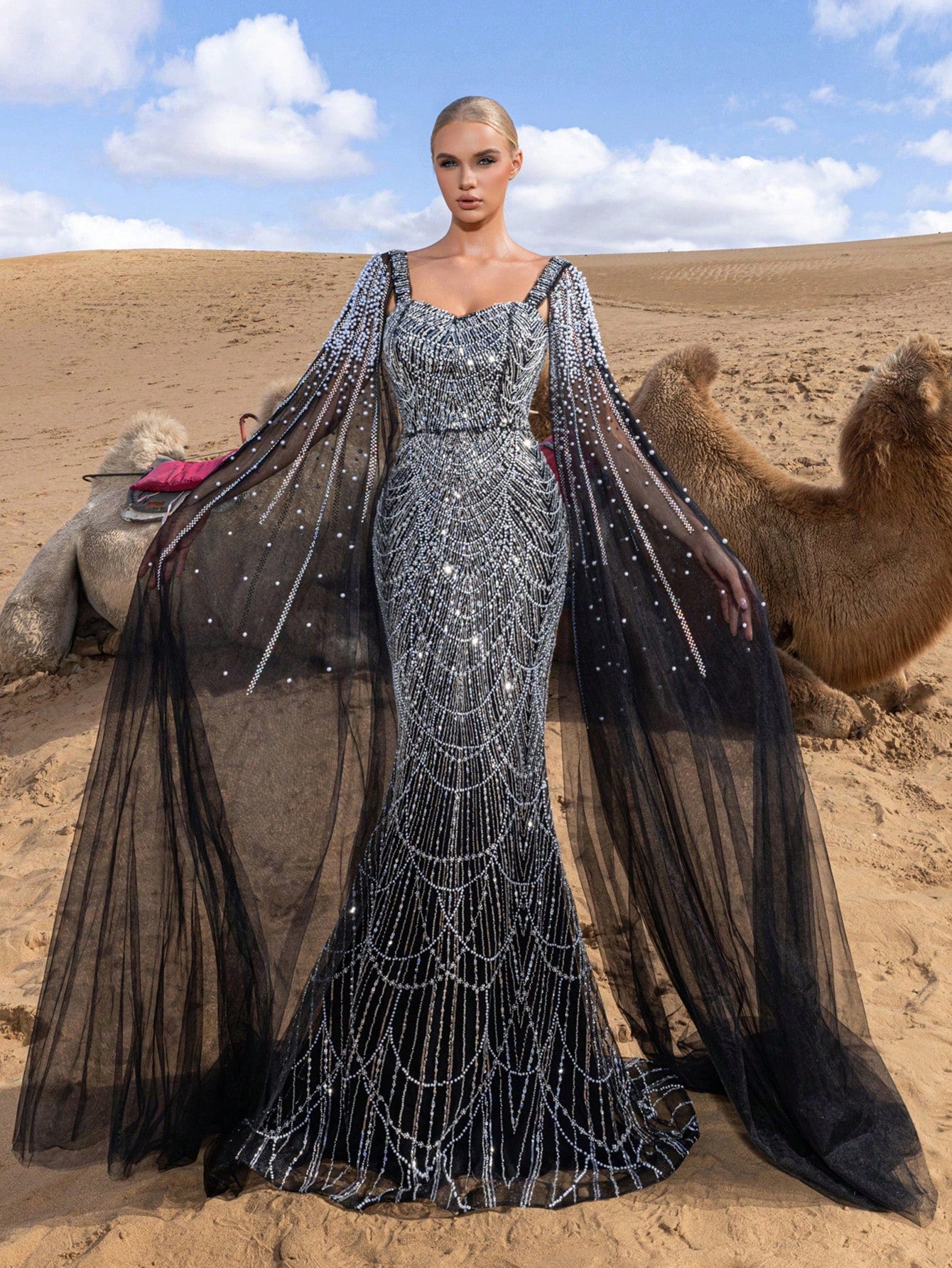 Elegant Gorgeous Beaded Sequin Evening Gown with Pearl Accent Cape Sleeves