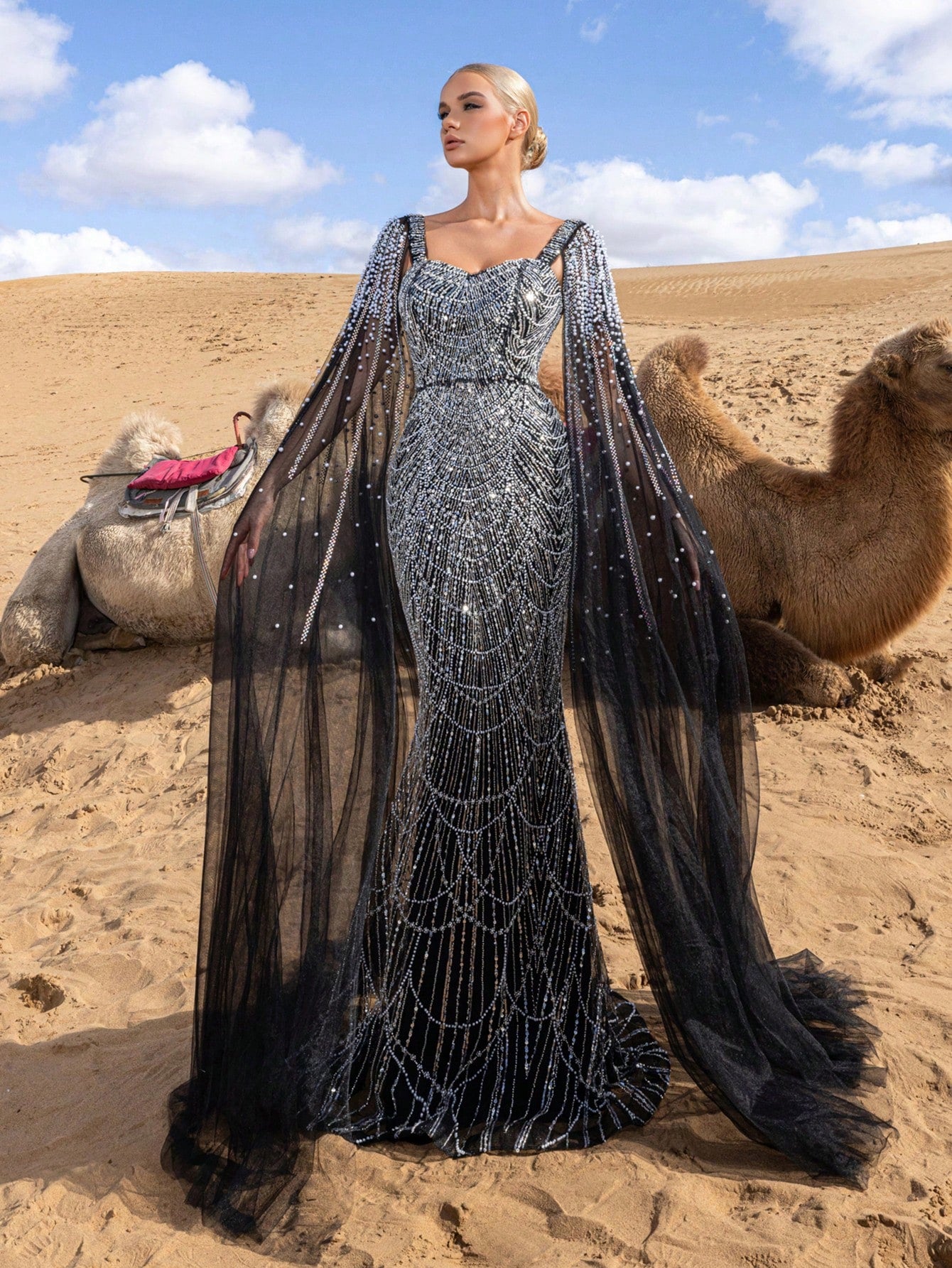 Elegant Gorgeous Beaded Sequin Evening Gown with Pearl Accent Cape Sleeves