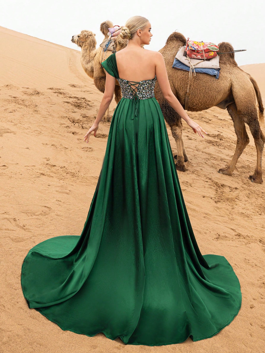 Gorgeous Asymmetrical Sleeve Lace Up Backless Sequin Beaded Formal Dresses & Evening Gowns
