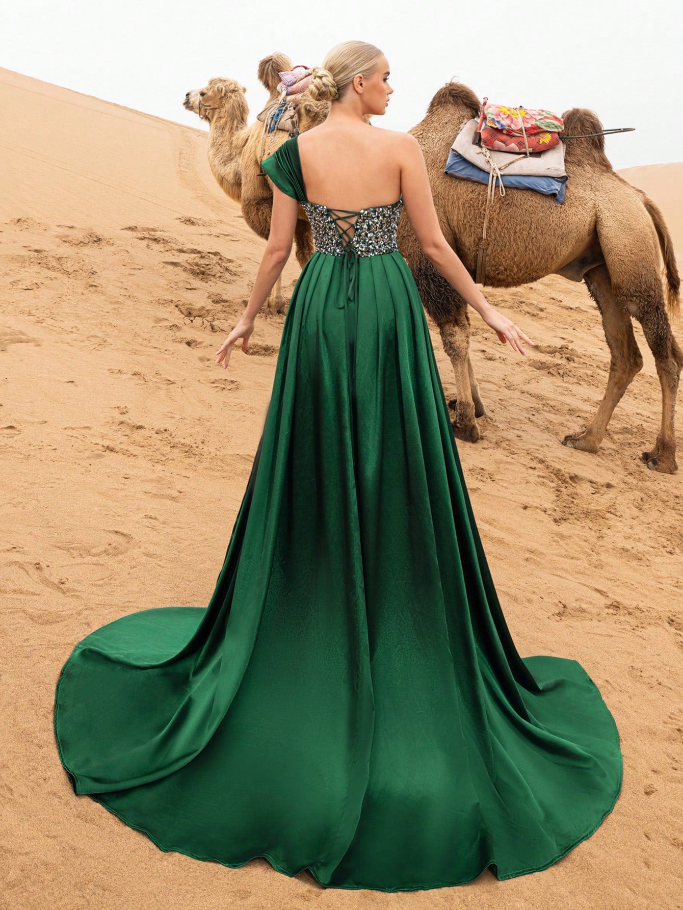 Gorgeous Asymmetrical Sleeve Lace Up Backless Sequin Beaded Formal Dresses & Evening Gowns