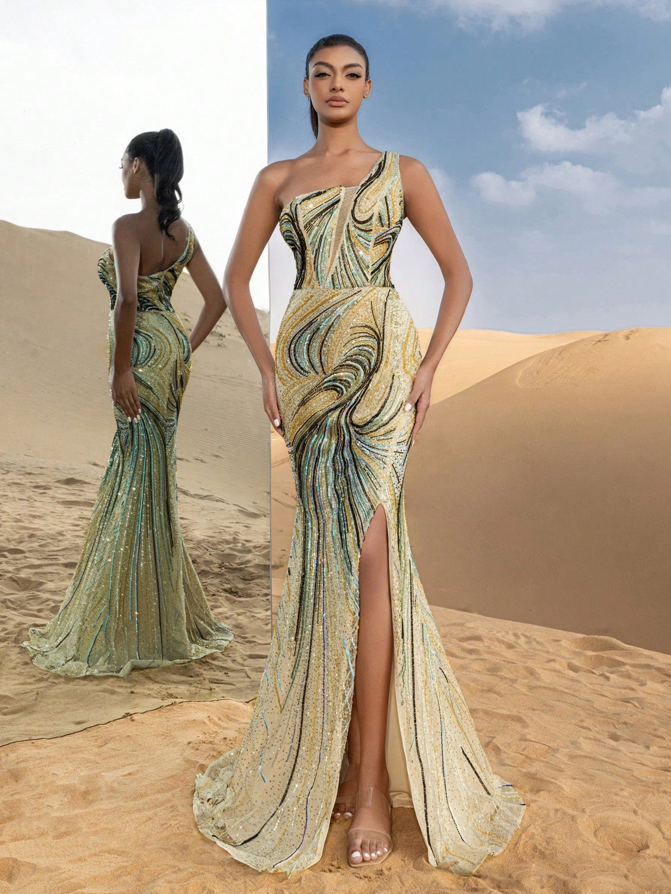 Gorgeous One Shoulder Mermaid Hem Graphic Beaded Sequin Formal Dresses & Evening Gowns