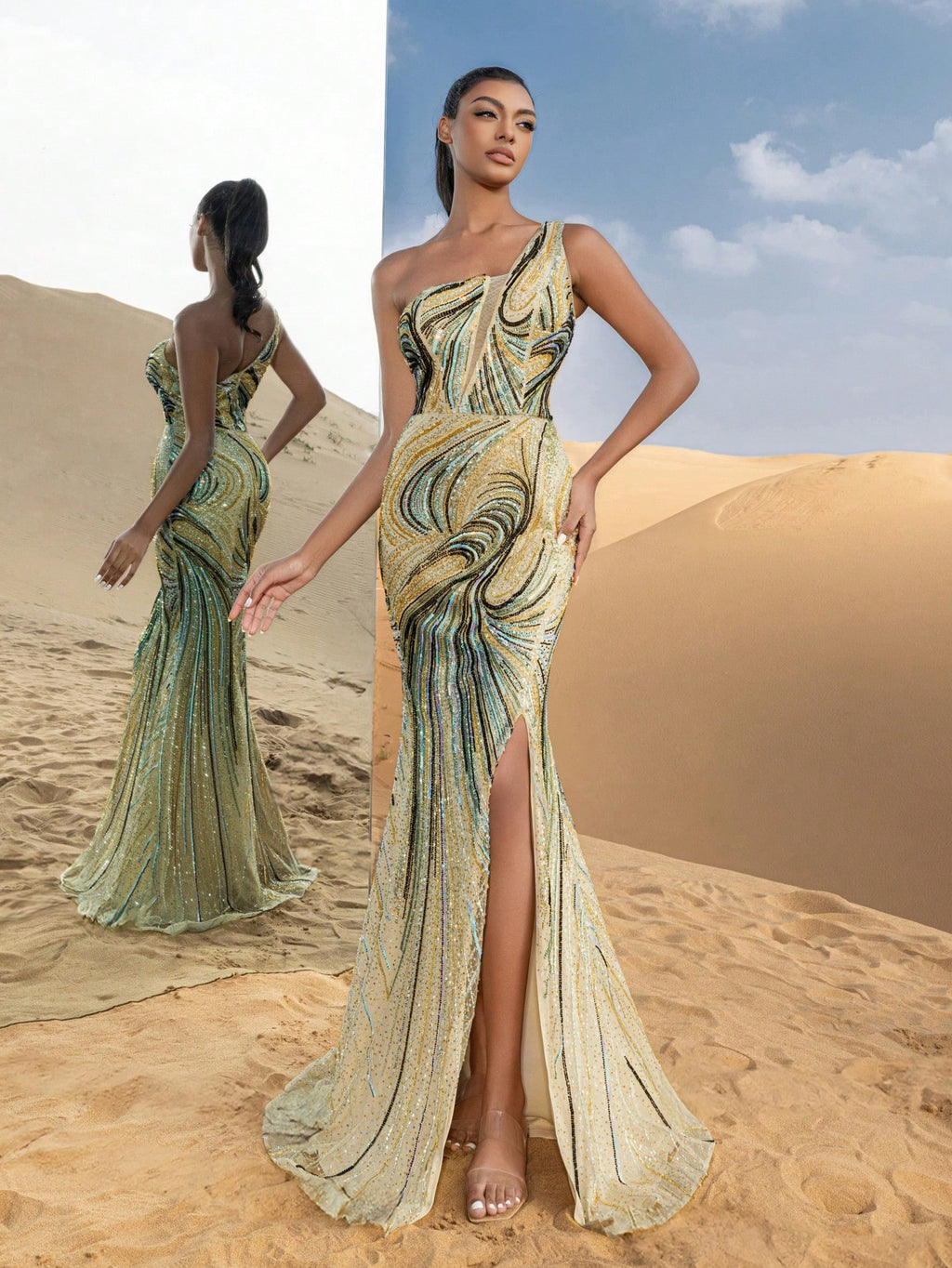 Gorgeous One Shoulder Mermaid Hem Graphic Beaded Sequin Formal Dresses & Evening Gowns