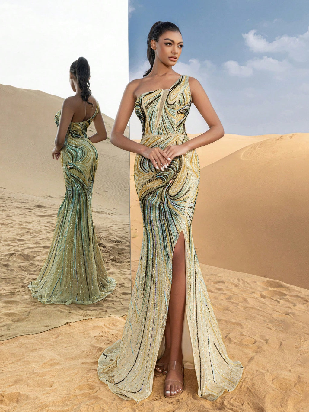 Gorgeous One Shoulder Mermaid Hem Graphic Beaded Sequin Formal Dresses & Evening Gowns
