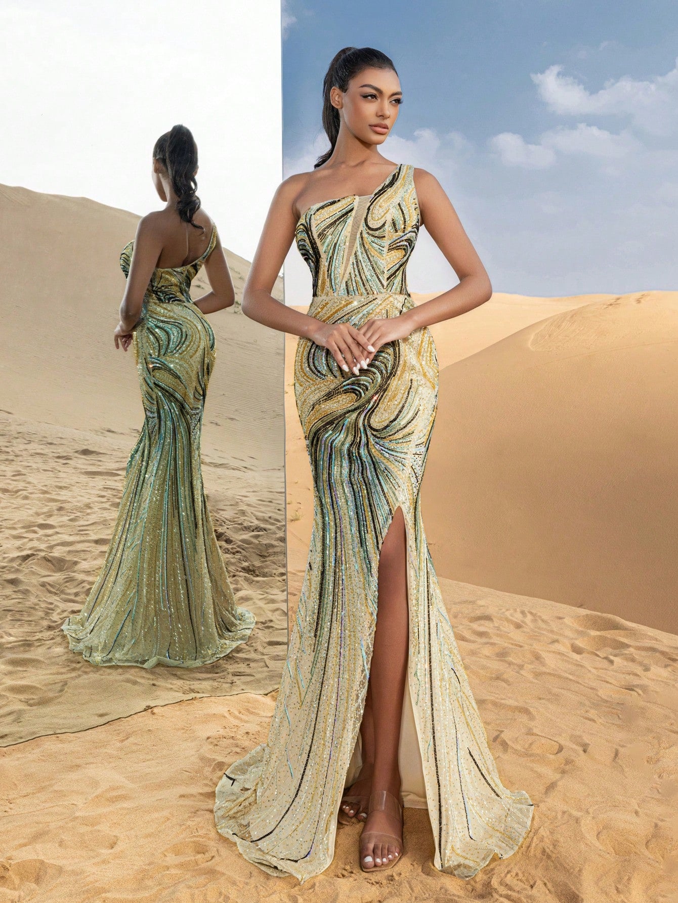 Gorgeous One Shoulder Mermaid Hem Graphic Beaded Sequin Formal Dresses & Evening Gowns