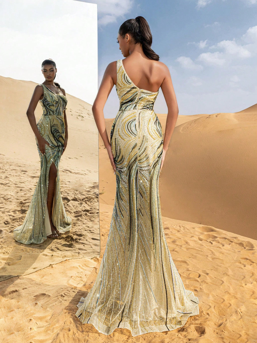 Gorgeous One Shoulder Mermaid Hem Graphic Beaded Sequin Formal Dresses & Evening Gowns