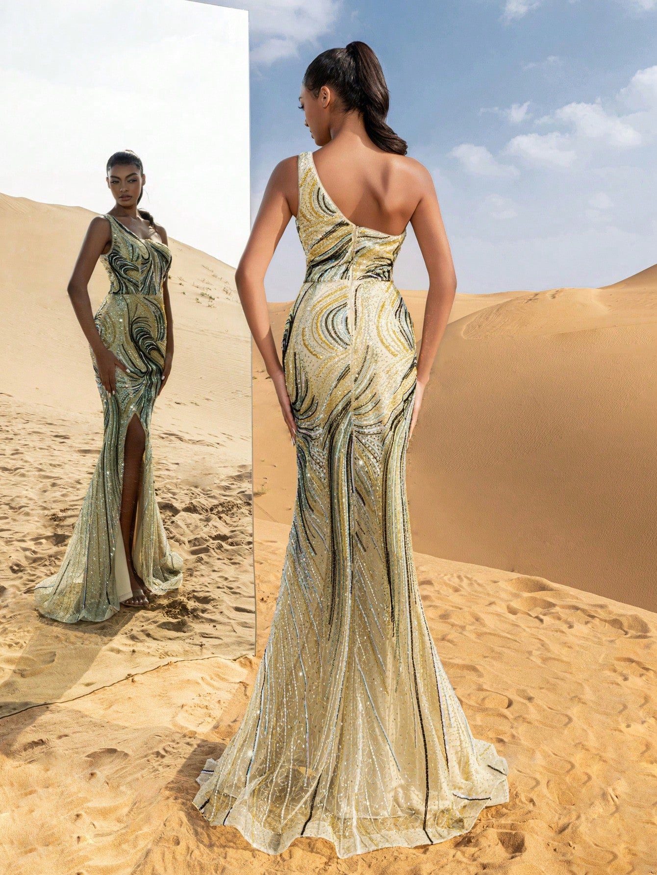 Gorgeous One Shoulder Mermaid Hem Graphic Beaded Sequin Formal Dresses & Evening Gowns