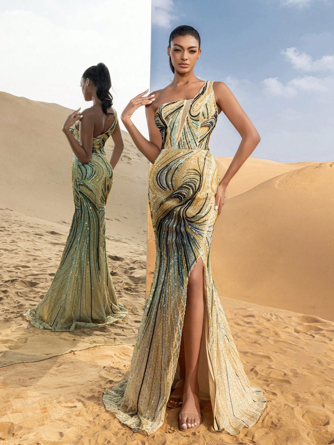 Gorgeous One Shoulder Mermaid Hem Graphic Beaded Sequin Formal Dresses & Evening Gowns