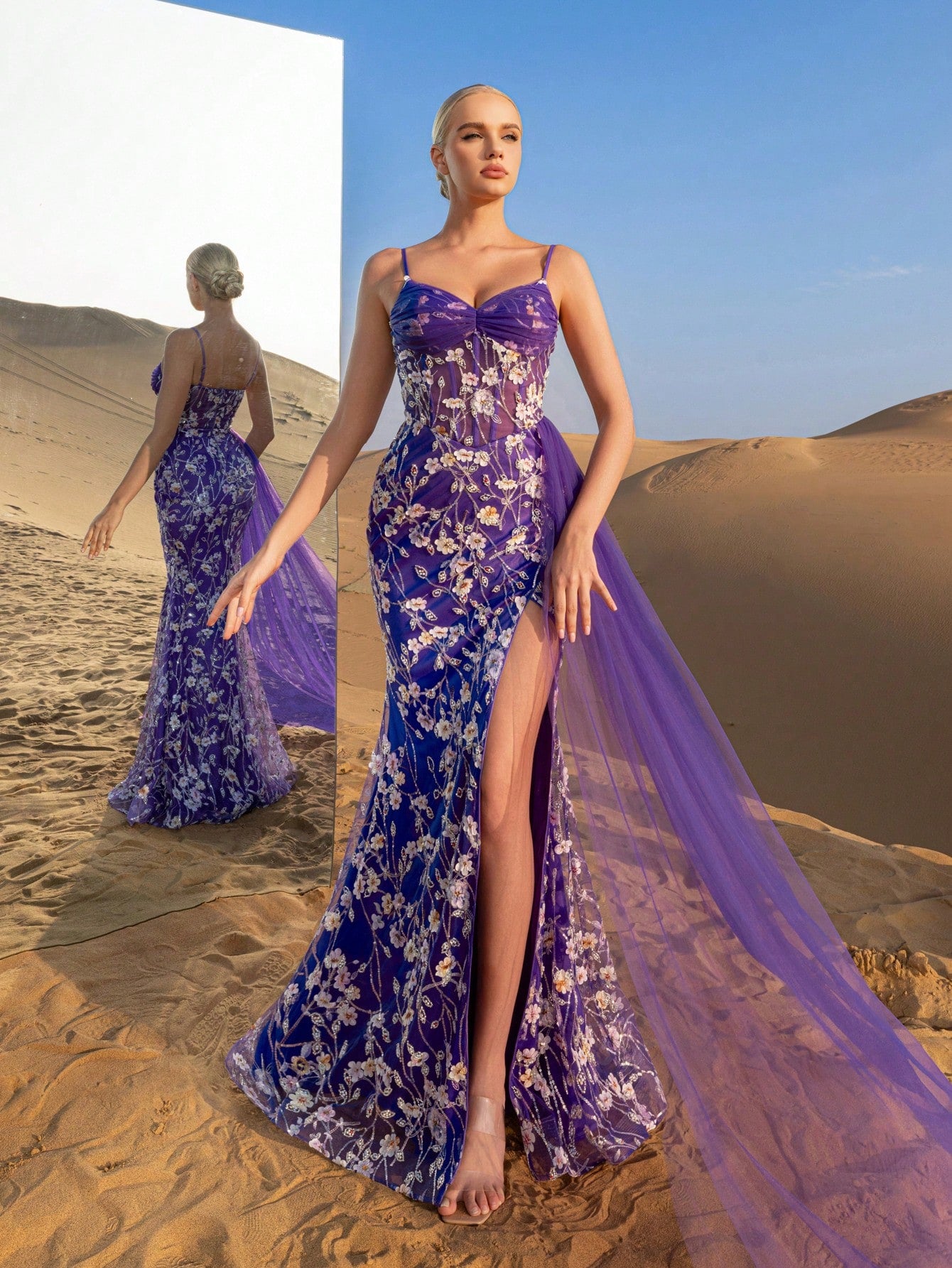 Gorgeous  Corset Bodice Tulle Draped Side Floral Beaded Formal Slip Dresses & Evening Gowns