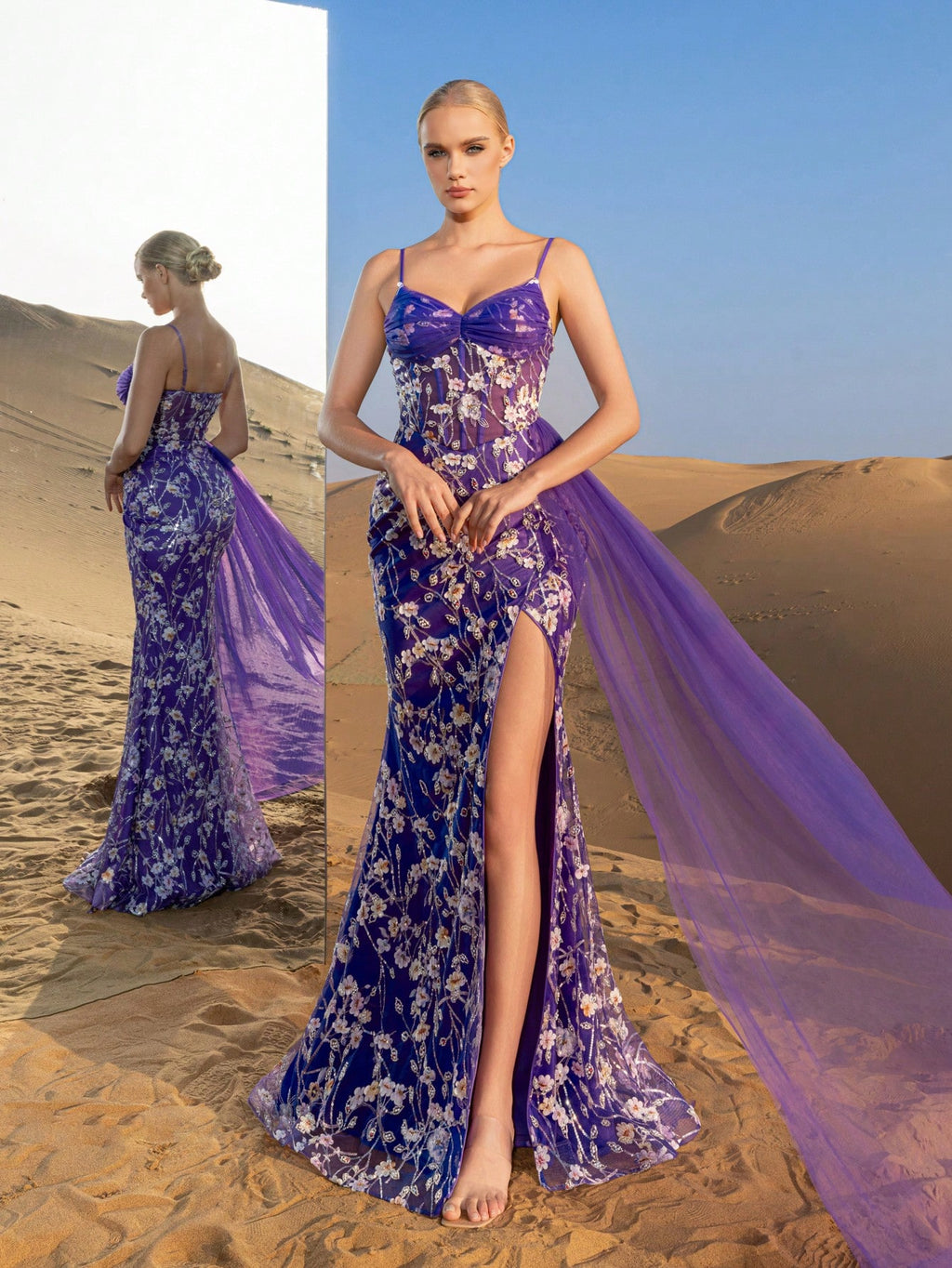 Gorgeous  Corset Bodice Tulle Draped Side Floral Beaded Formal Slip Dresses & Evening Gowns