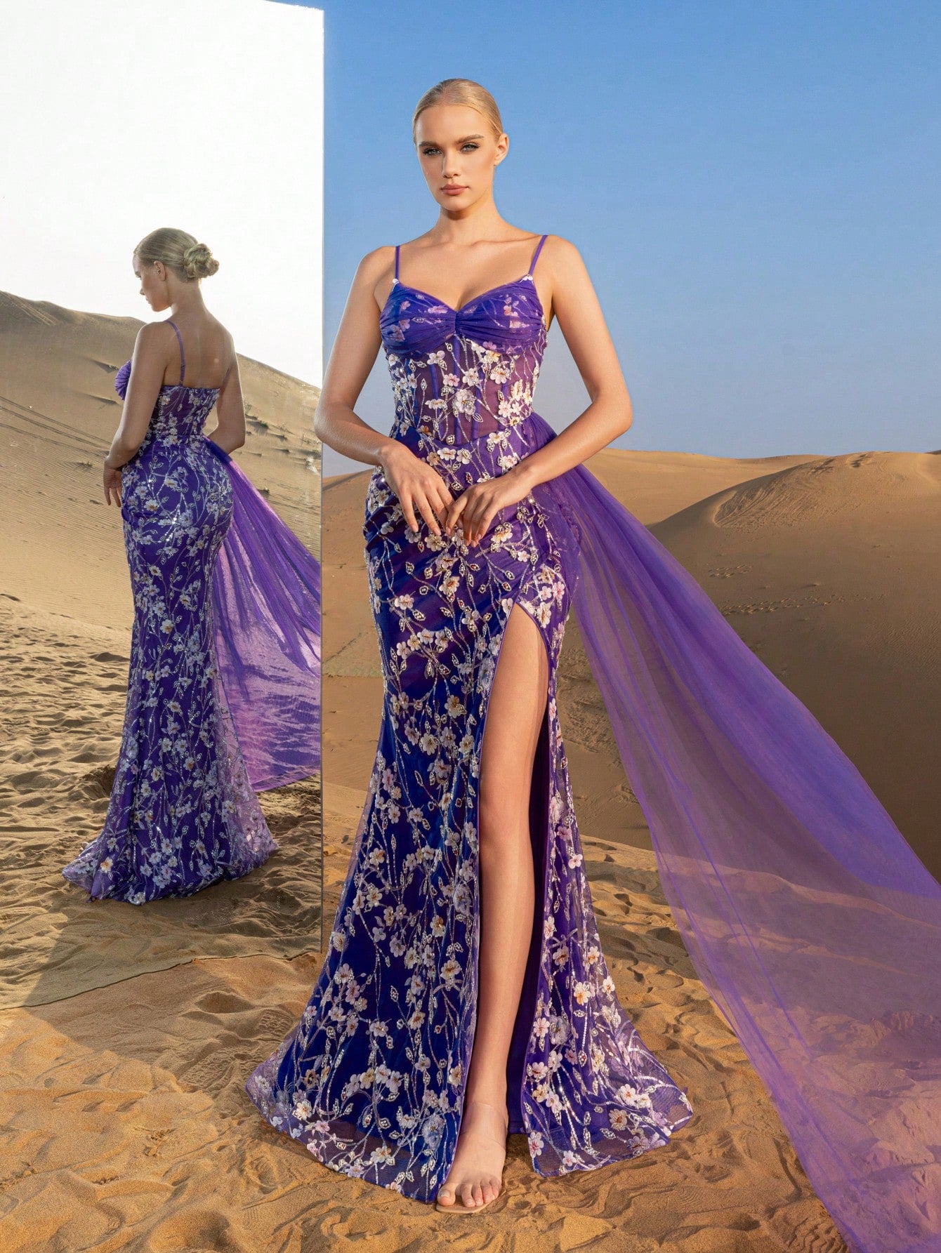Gorgeous  Corset Bodice Tulle Draped Side Floral Beaded Formal Slip Dresses & Evening Gowns