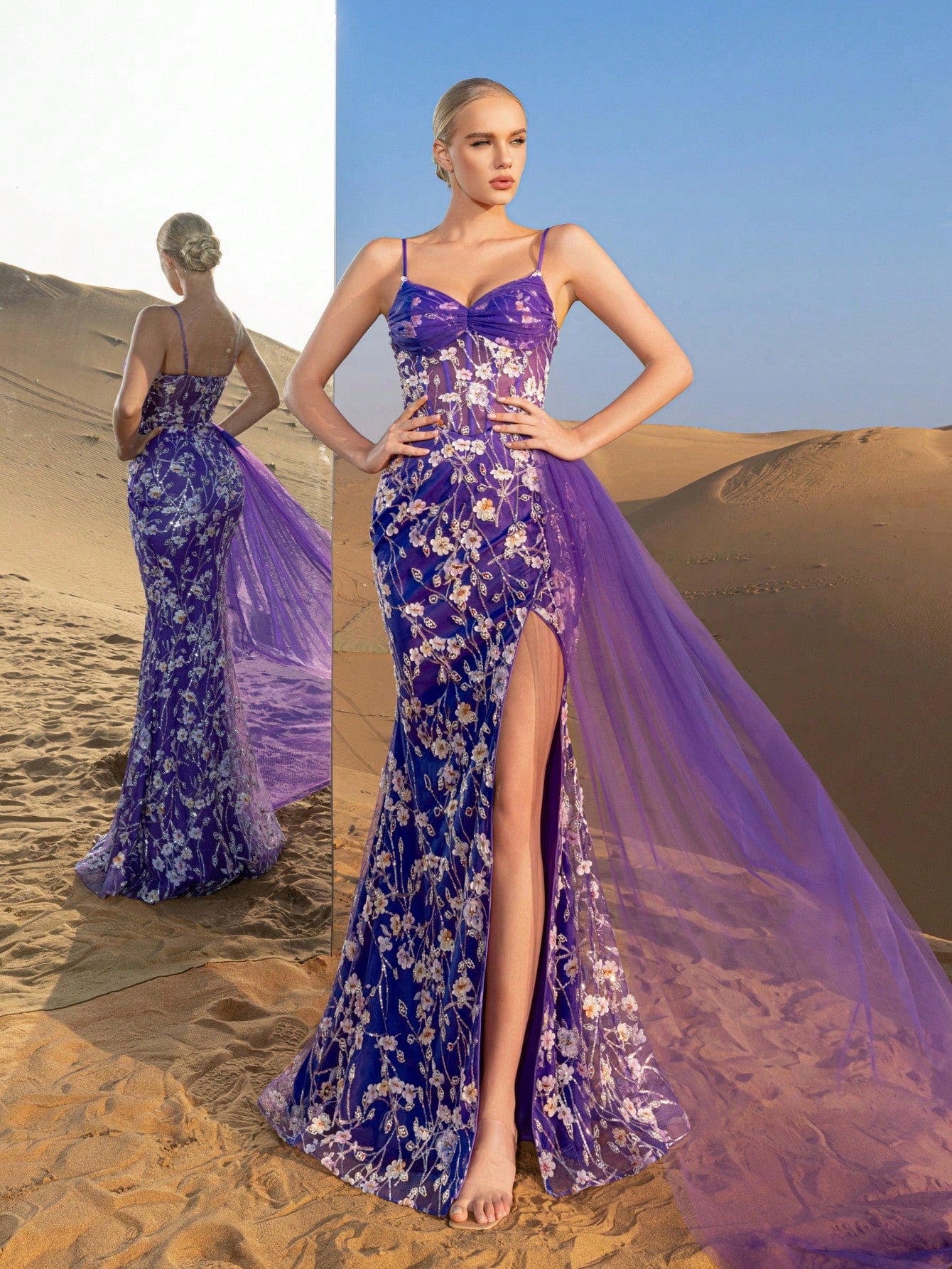 Gorgeous  Corset Bodice Tulle Draped Side Floral Beaded Formal Slip Dresses & Evening Gowns