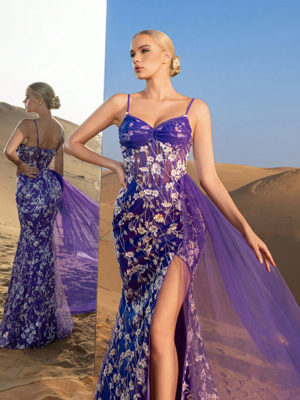 Gorgeous  Corset Bodice Tulle Draped Side Floral Beaded Formal Slip Dresses & Evening Gowns