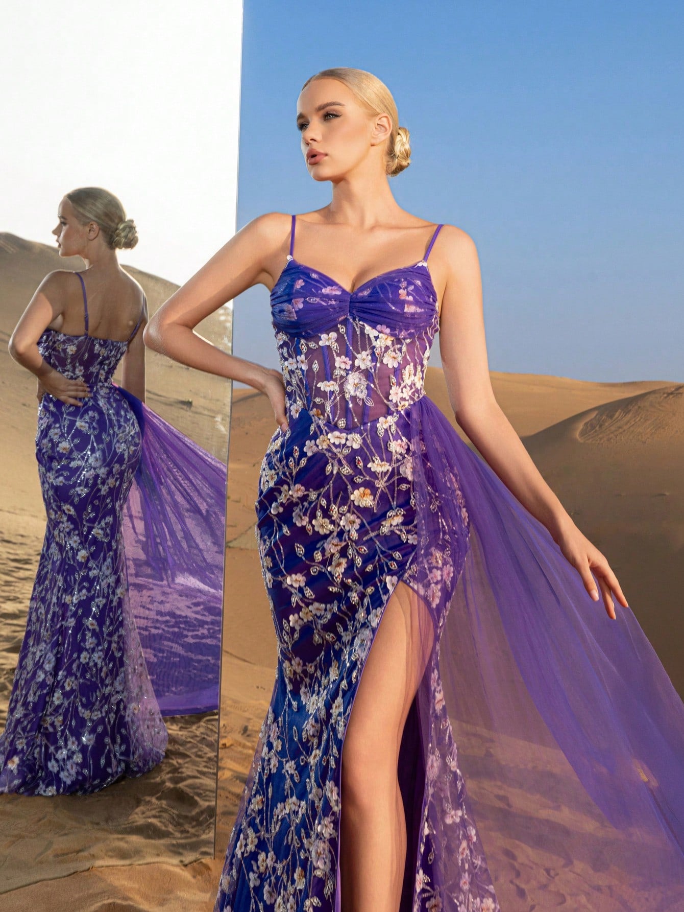 Gorgeous  Corset Bodice Tulle Draped Side Floral Beaded Formal Slip Dresses & Evening Gowns