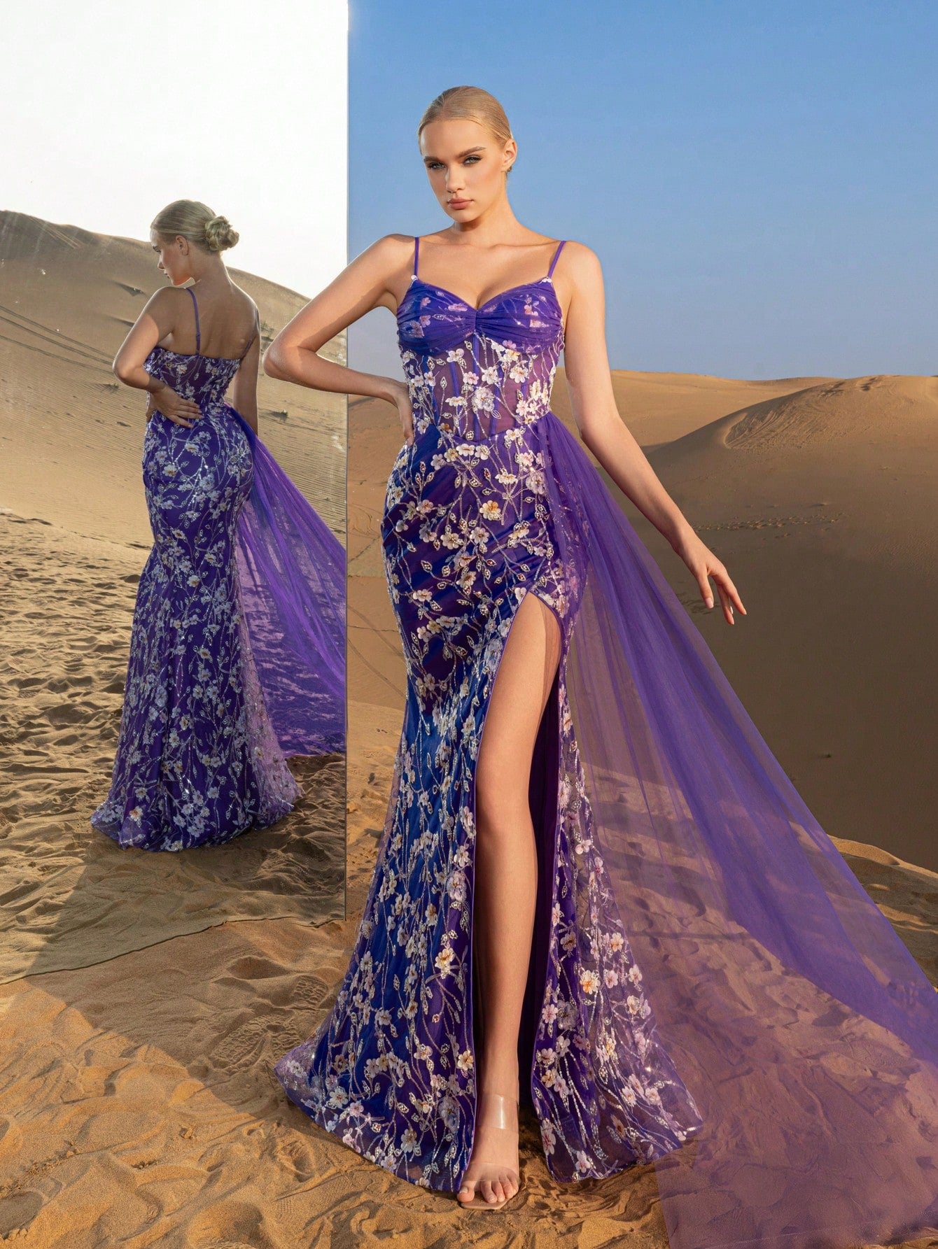 Gorgeous  Corset Bodice Tulle Draped Side Floral Beaded Formal Slip Dresses & Evening Gowns