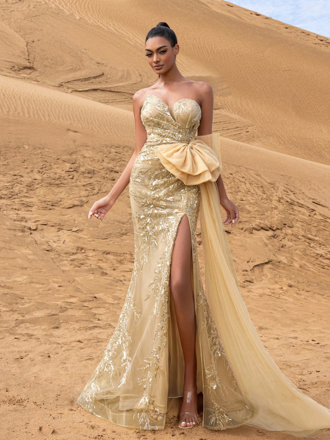 Gorgeous Bow Detail Strapless Split Mermaid Hem Graphic Sequin Beaded Formal Dresses & Evening Gowns