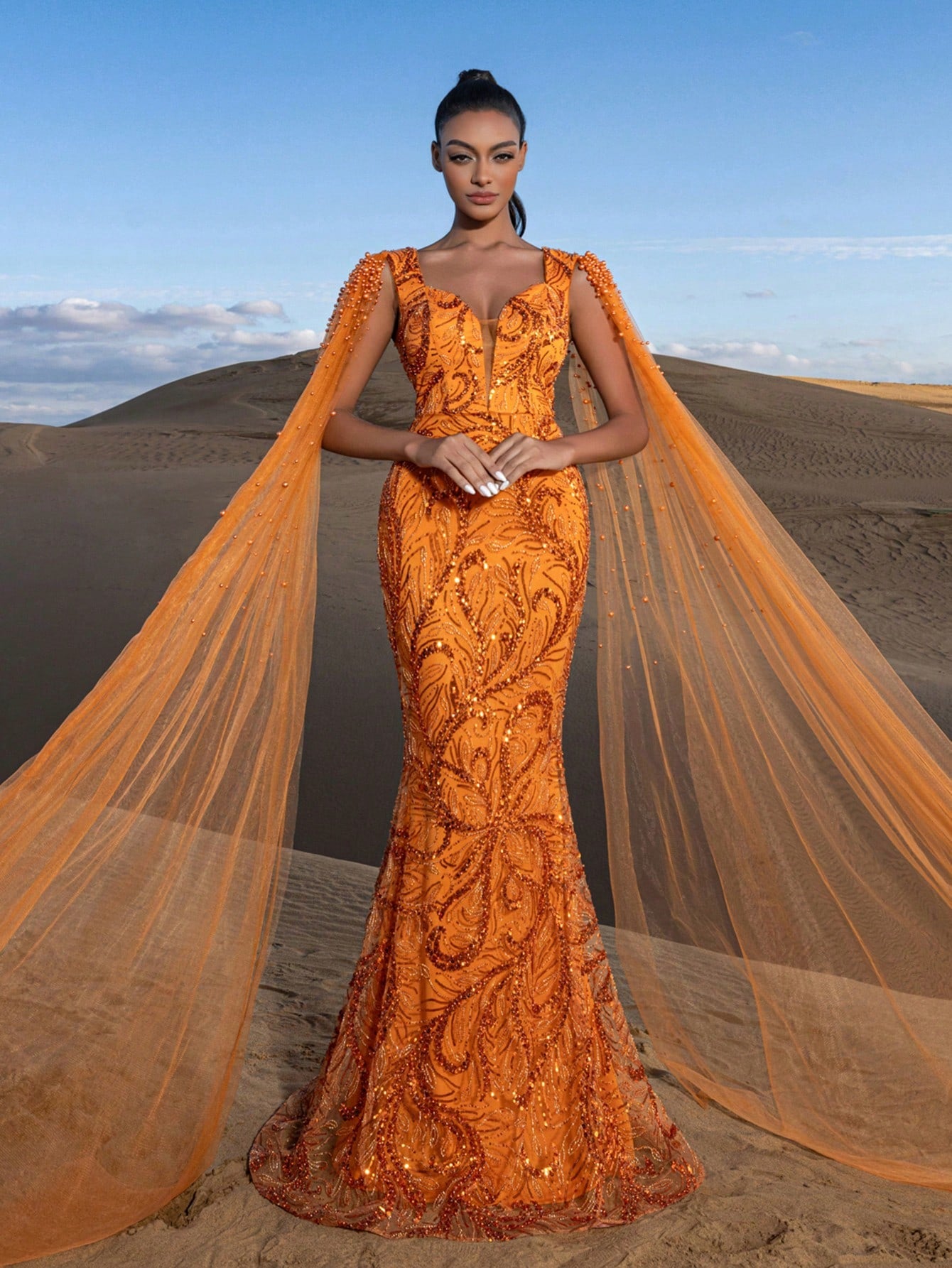 Gorgeous Pearl Embellished Sweetheart Neck Cape Sleeves Mermaid Hem Beaded Formal Dresses & Evening Gowns