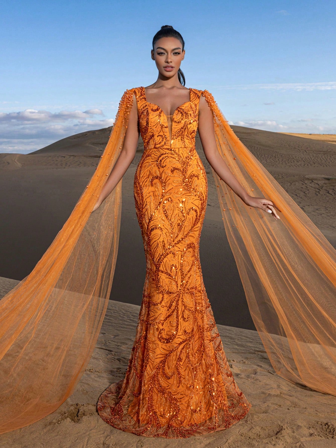 Gorgeous Pearl Embellished Sweetheart Neck Cape Sleeves Mermaid Hem Beaded Formal Dresses & Evening Gowns