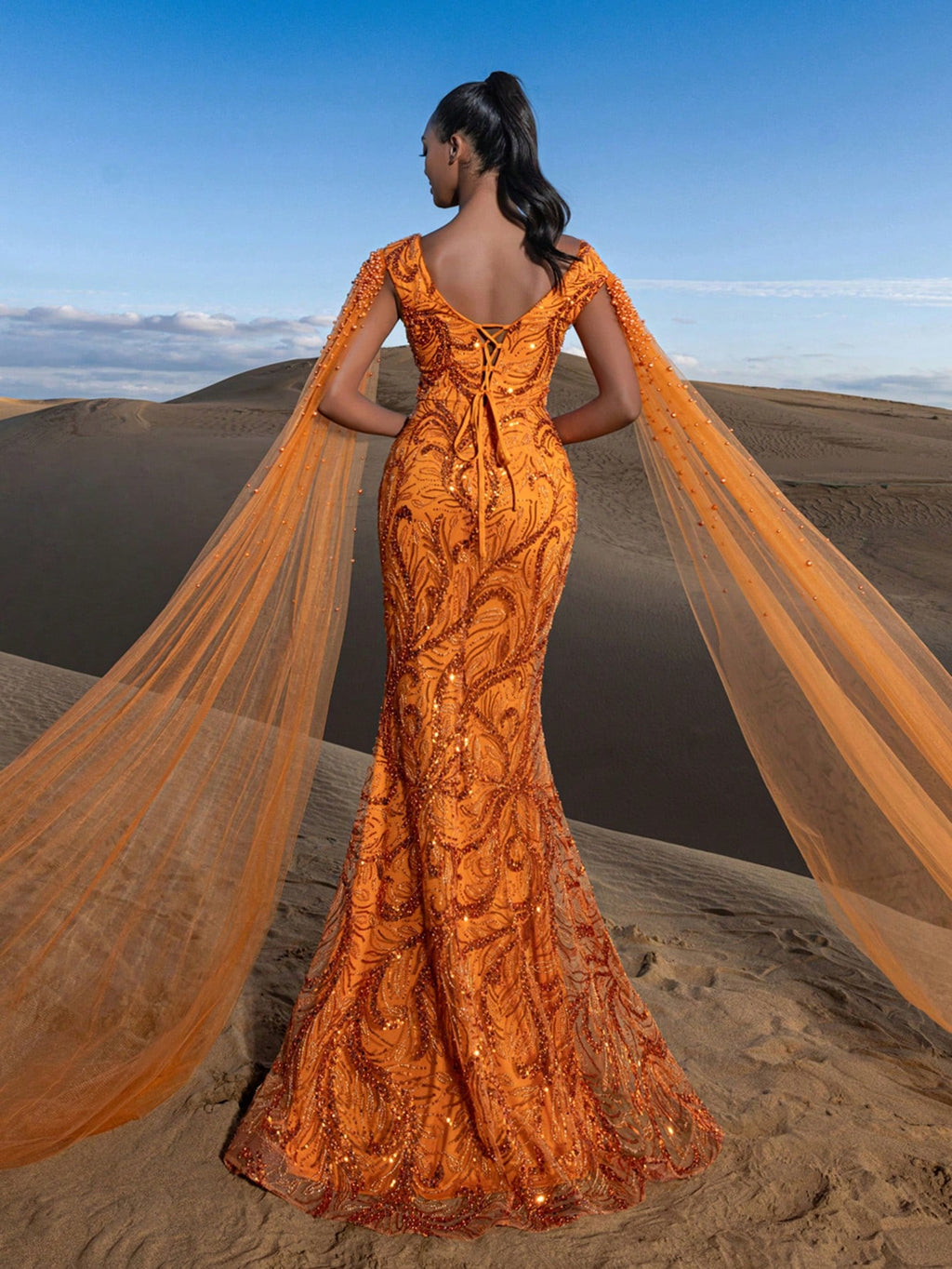 Gorgeous Pearl Embellished Sweetheart Neck Cape Sleeves Mermaid Hem Beaded Formal Dresses & Evening Gowns