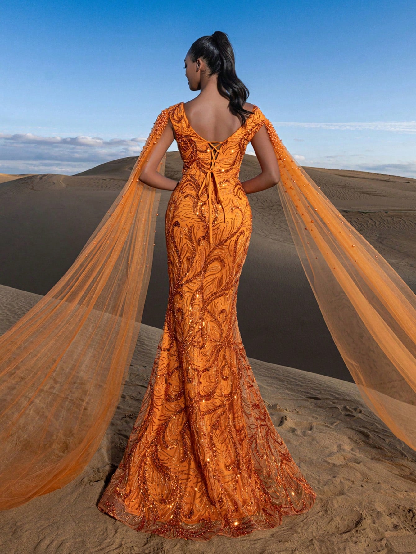 Gorgeous Pearl Embellished Sweetheart Neck Cape Sleeves Mermaid Hem Beaded Formal Dresses & Evening Gowns