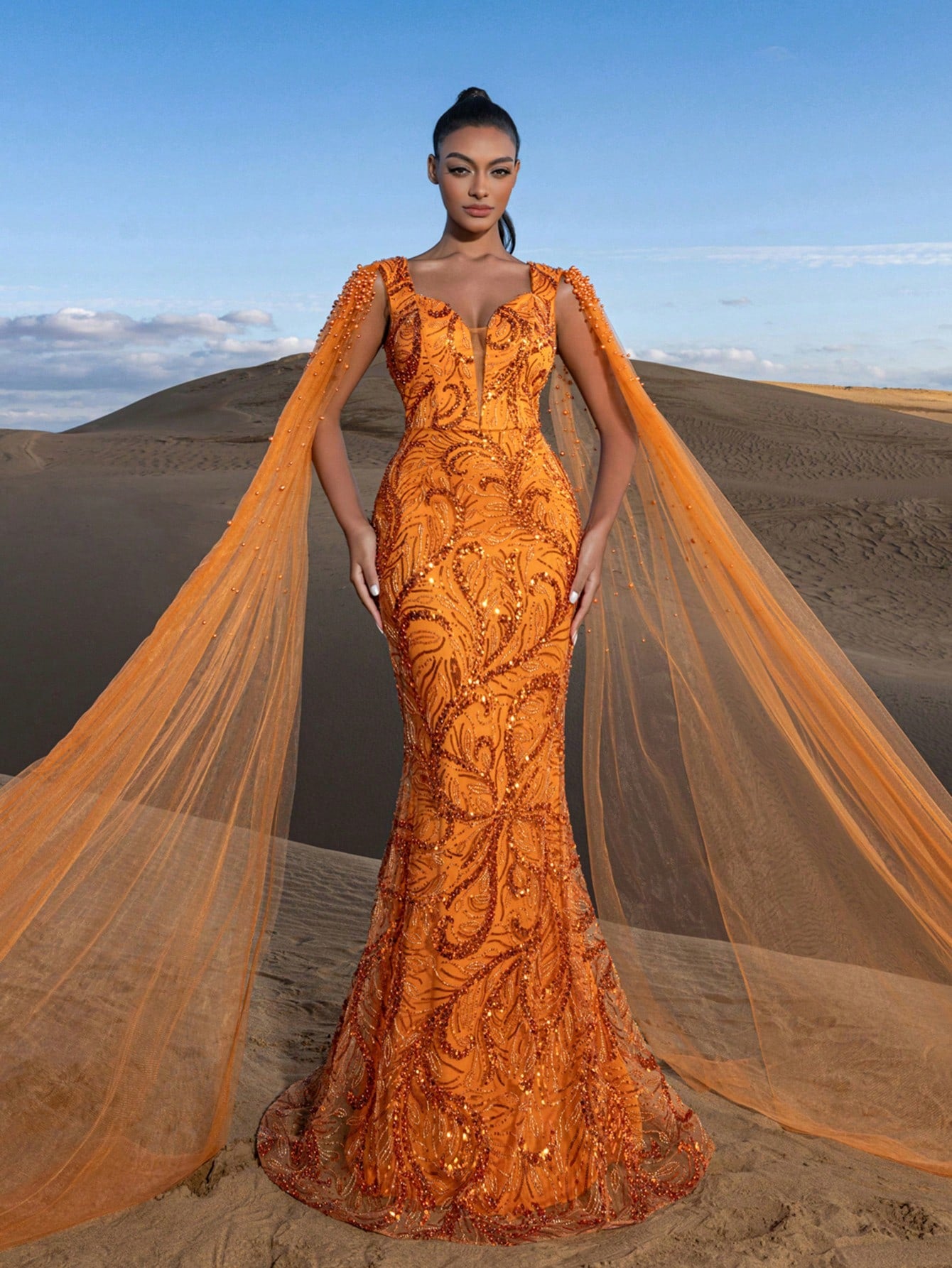 Gorgeous Pearl Embellished Sweetheart Neck Cape Sleeves Mermaid Hem Beaded Formal Dresses & Evening Gowns