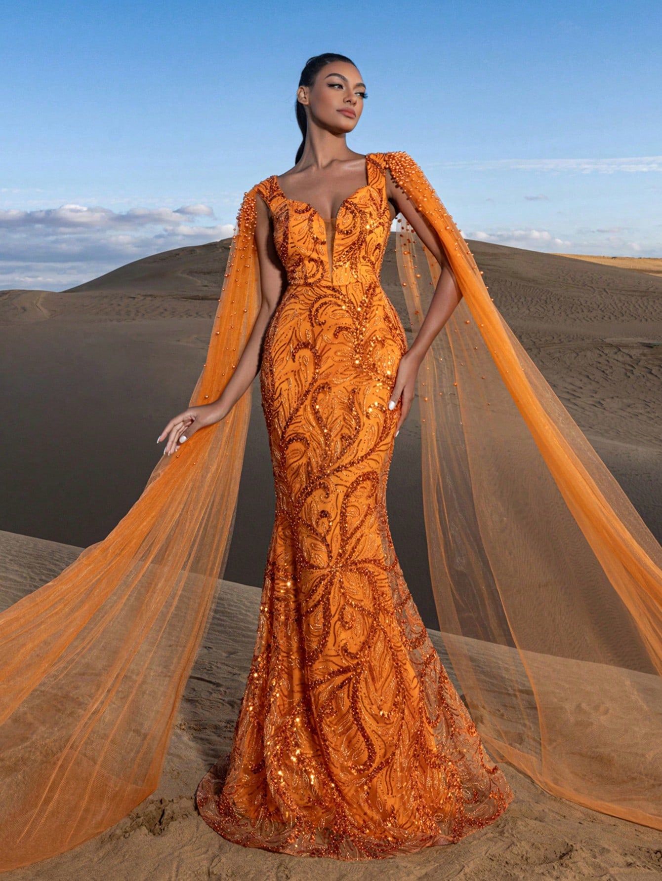 Gorgeous Pearl Embellished Sweetheart Neck Cape Sleeves Mermaid Hem Beaded Formal Dresses & Evening Gowns