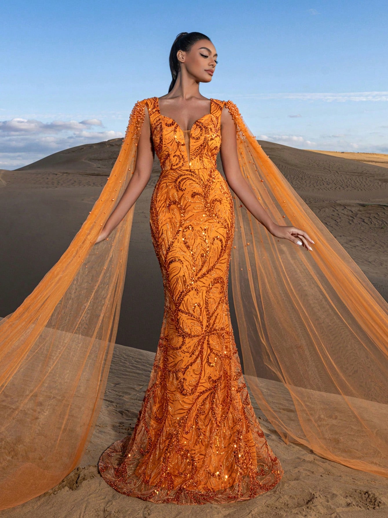 Gorgeous Pearl Embellished Sweetheart Neck Cape Sleeves Mermaid Hem Beaded Formal Dresses & Evening Gowns