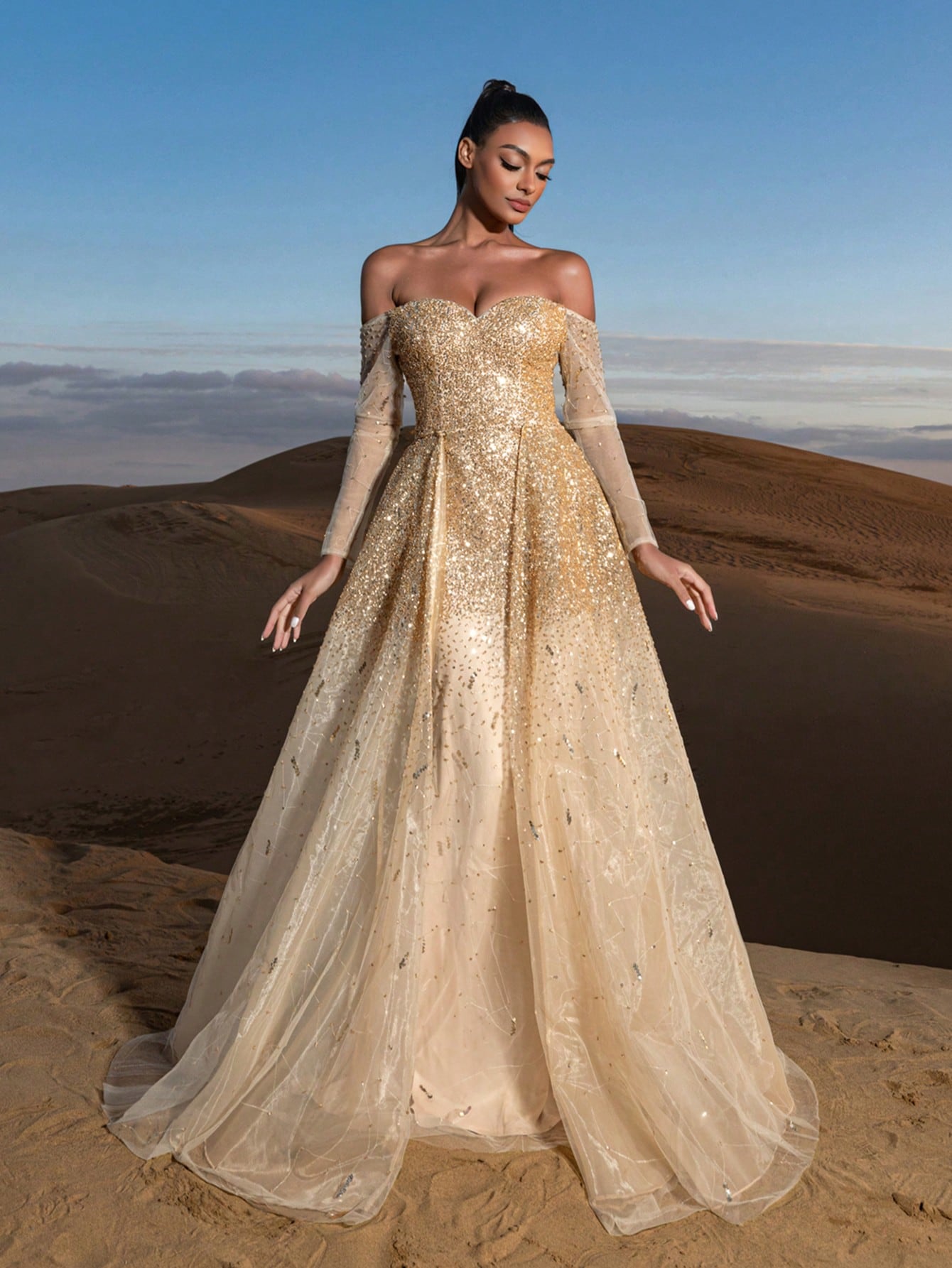 Gorgeous Luxury Off Shoulder Long Sleeves Mesh Overlay Beaded Gowns Formal Dresses & Evening Gowns