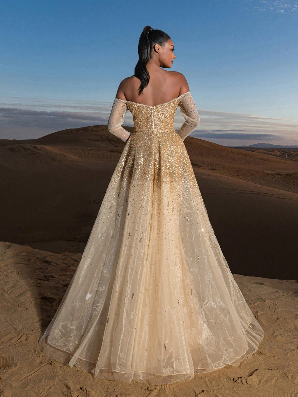 Gorgeous Luxury Off Shoulder Long Sleeves Mesh Overlay Beaded Gowns Formal Dresses & Evening Gowns