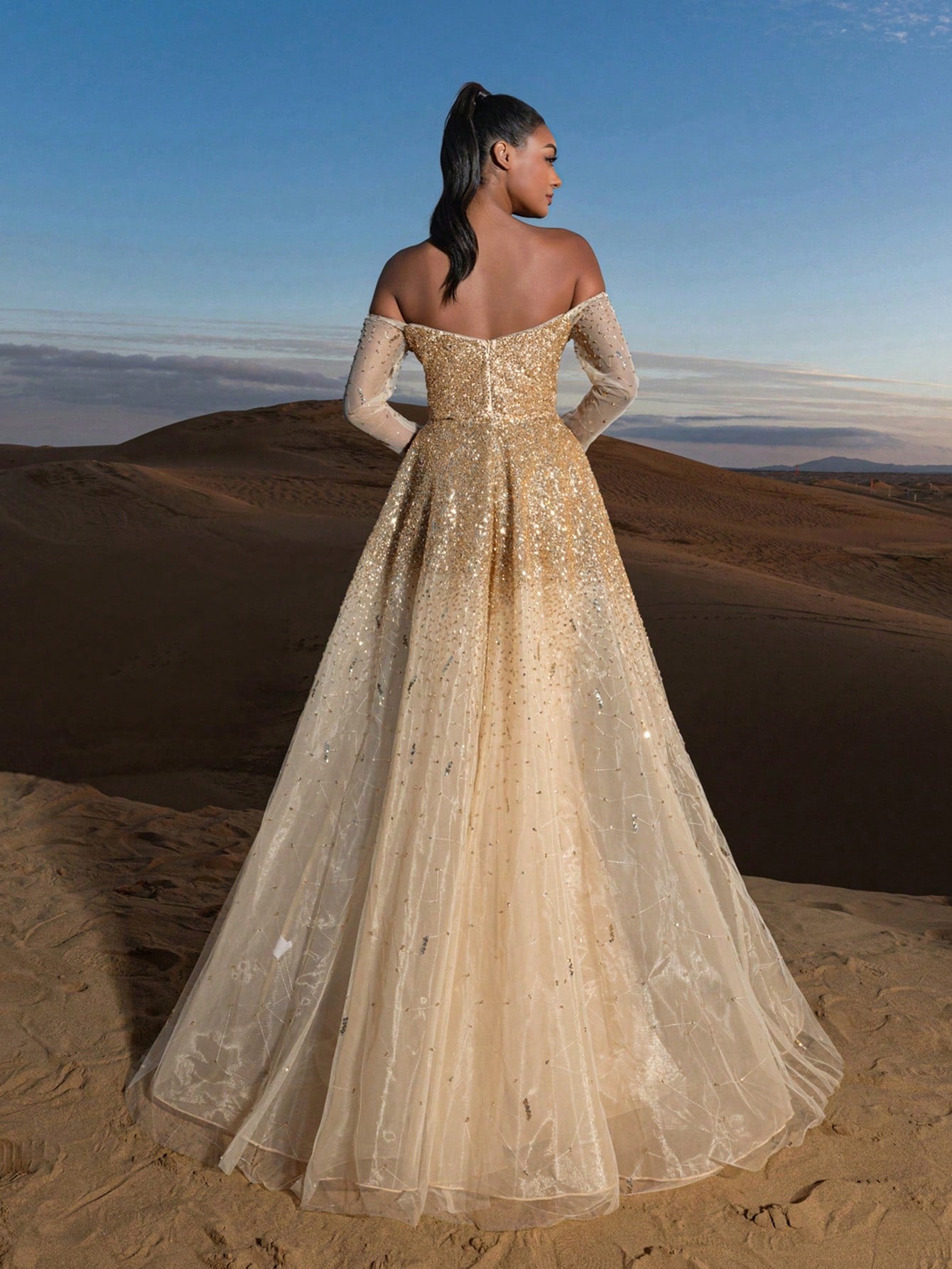 Gorgeous Luxury Off Shoulder Long Sleeves Mesh Overlay Beaded Gowns Formal Dresses & Evening Gowns