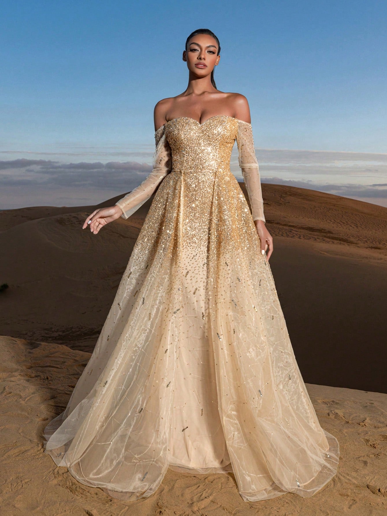 Gorgeous Luxury Off Shoulder Long Sleeves Mesh Overlay Beaded Gowns Formal Dresses & Evening Gowns