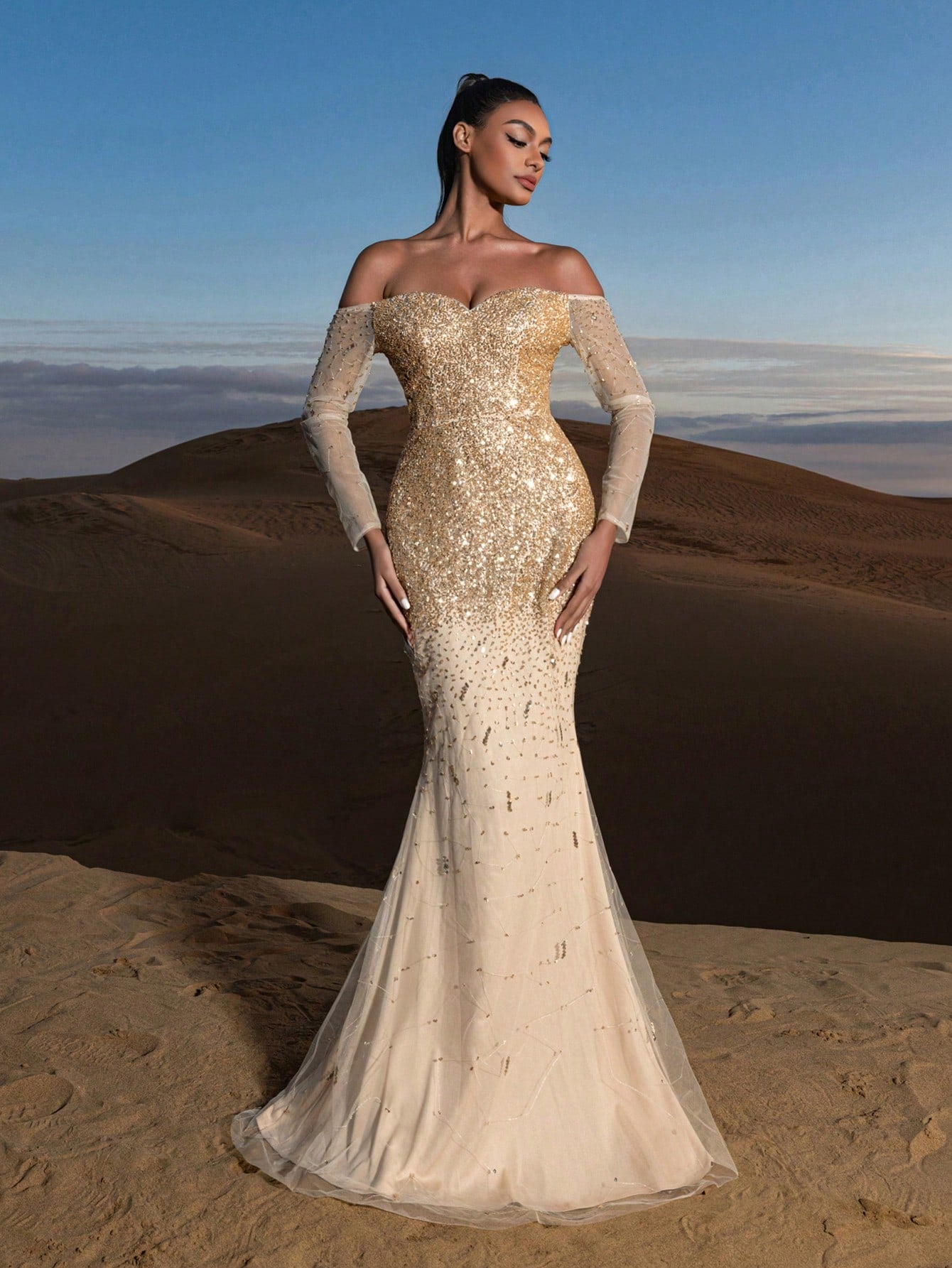 Gorgeous Luxury Off Shoulder Long Sleeves Mesh Overlay Beaded Gowns Formal Dresses & Evening Gowns