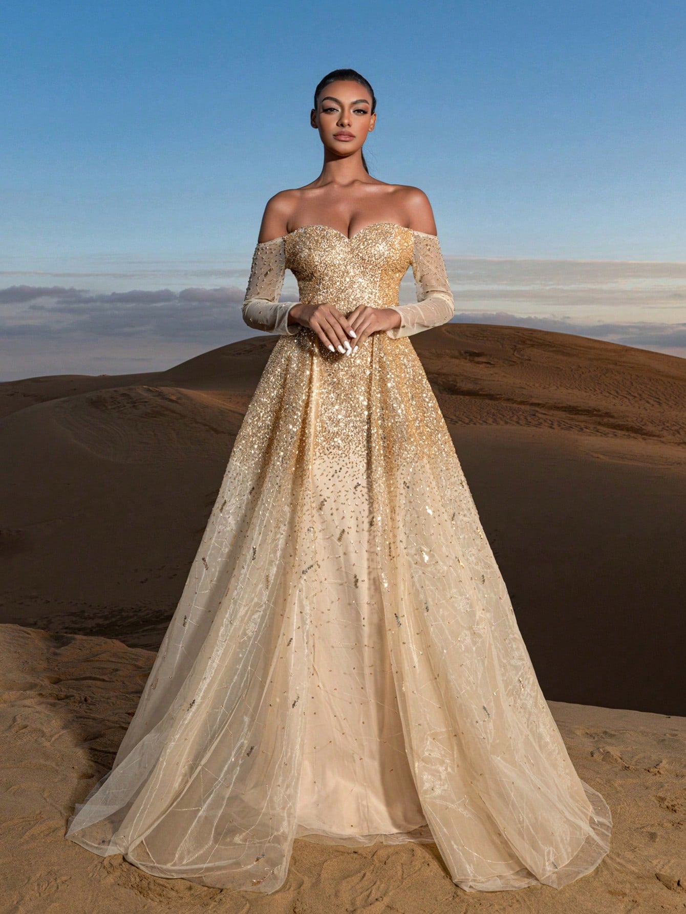 Gorgeous Luxury Off Shoulder Long Sleeves Mesh Overlay Beaded Gowns Formal Dresses & Evening Gowns