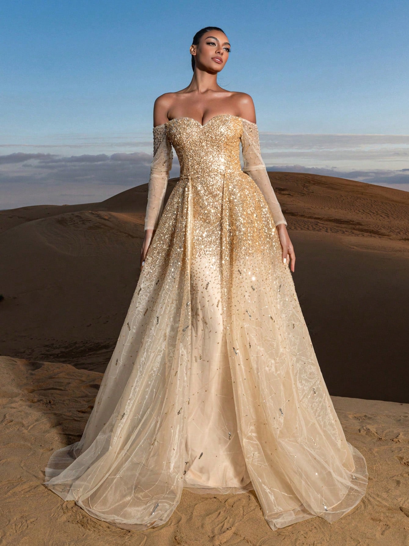 Gorgeous Luxury Off Shoulder Long Sleeves Mesh Overlay Beaded Gowns Formal Dresses & Evening Gowns