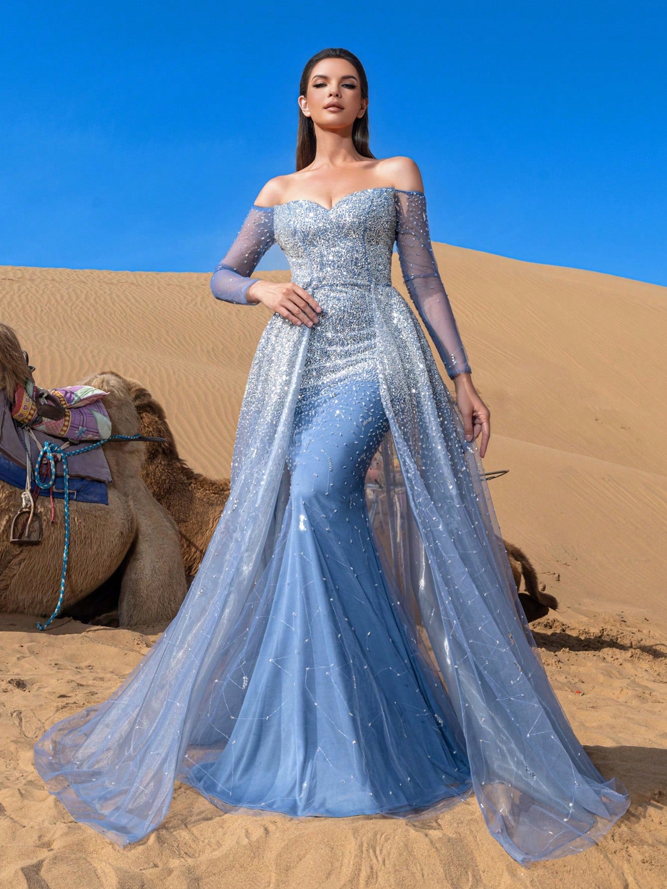 Gorgeous Luxury Off Shoulder Long Sleeves Mesh Overlay Beaded Gowns Formal Dresses & Evening Gowns