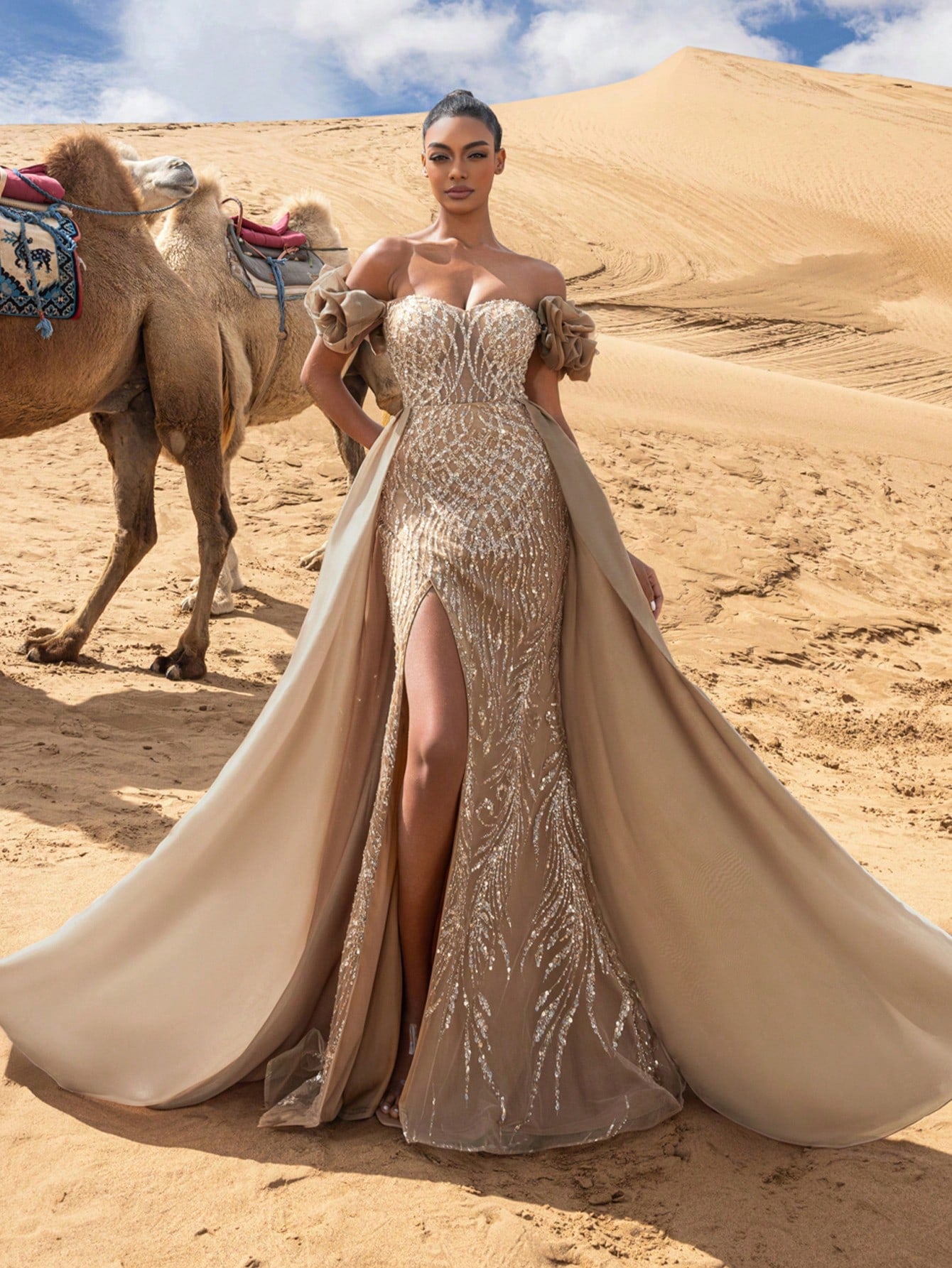 Gorgeous Off Shoulder Organza Overlay Beaded Formal Dresses & Evening Gowns