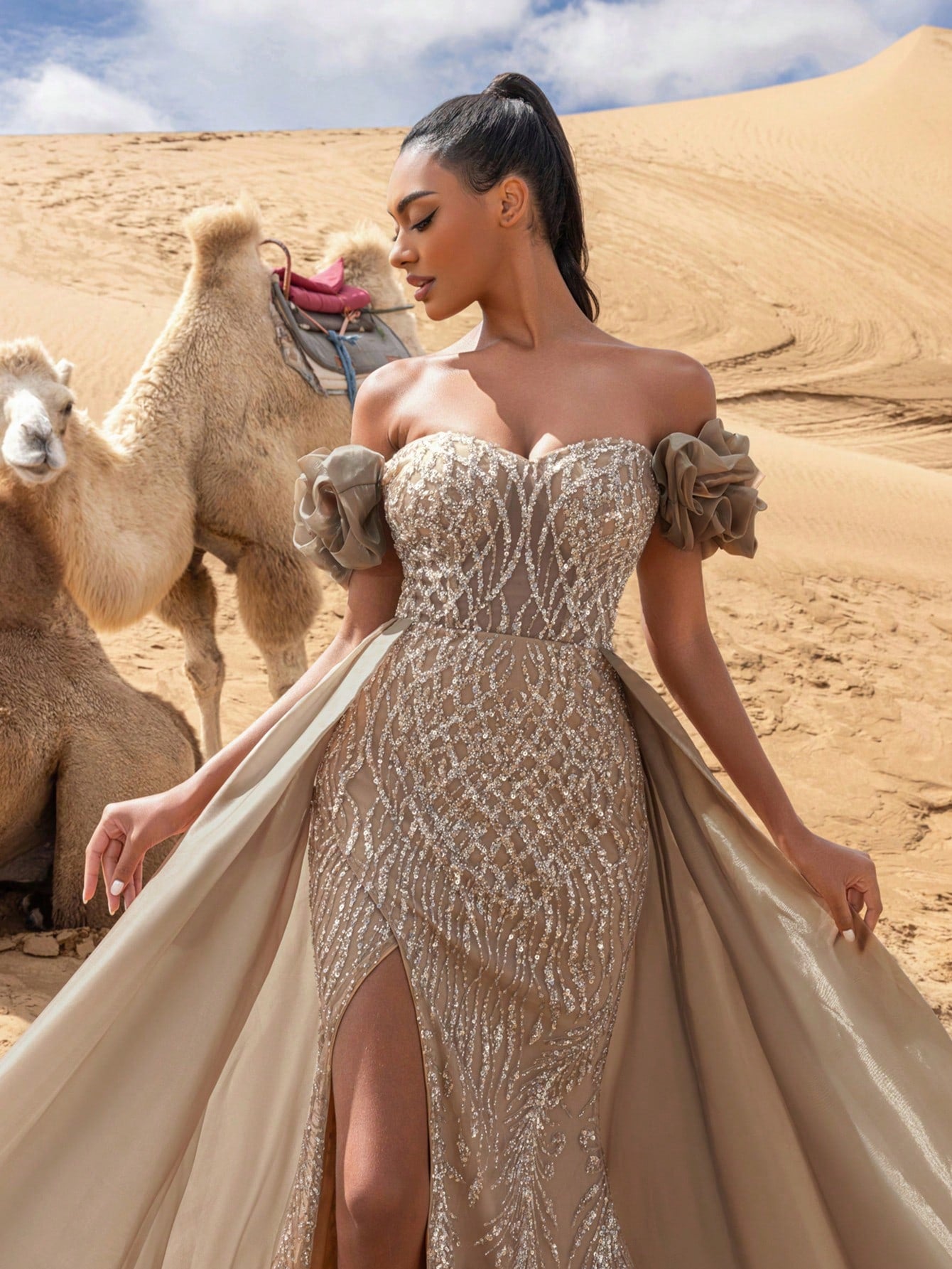 Gorgeous Off Shoulder Organza Overlay Beaded Formal Dresses & Evening Gowns