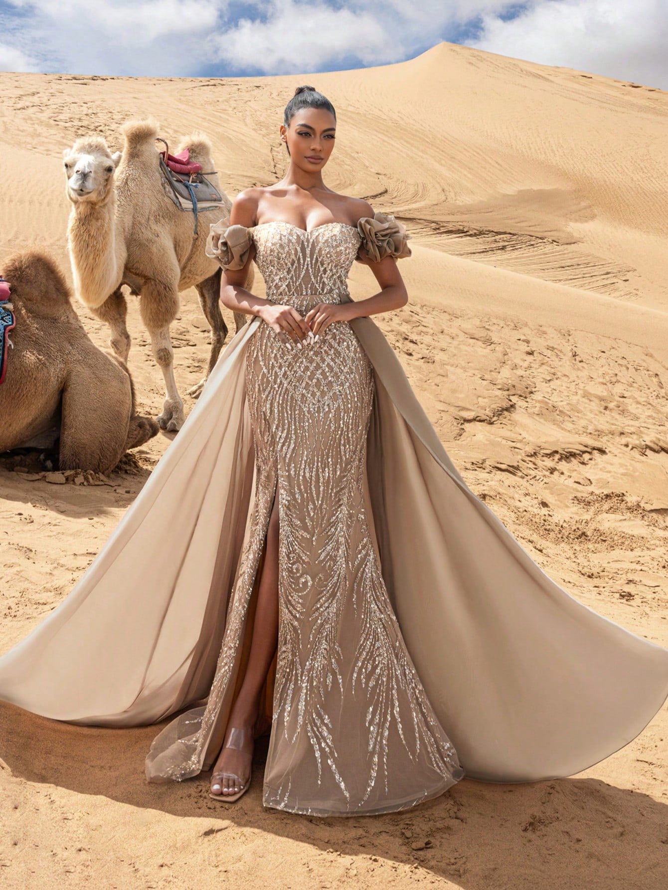 Gorgeous Off Shoulder Organza Overlay Beaded Formal Dresses & Evening Gowns