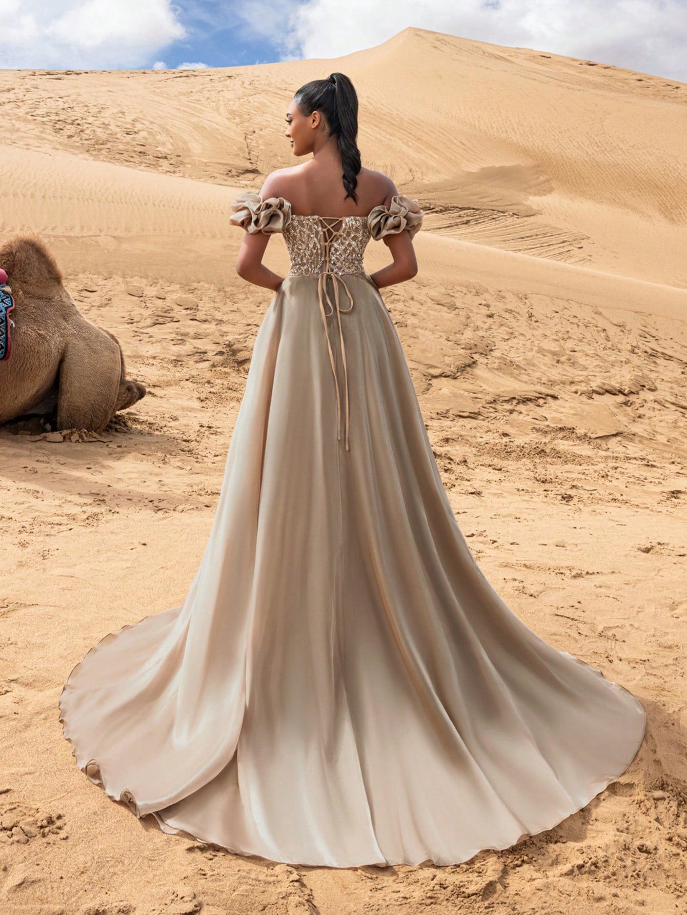 Gorgeous Off Shoulder Organza Overlay Beaded Formal Dresses & Evening Gowns