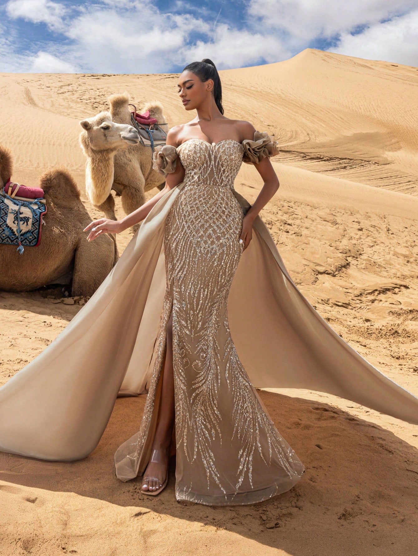 Gorgeous Off Shoulder Organza Overlay Beaded Formal Dresses & Evening Gowns