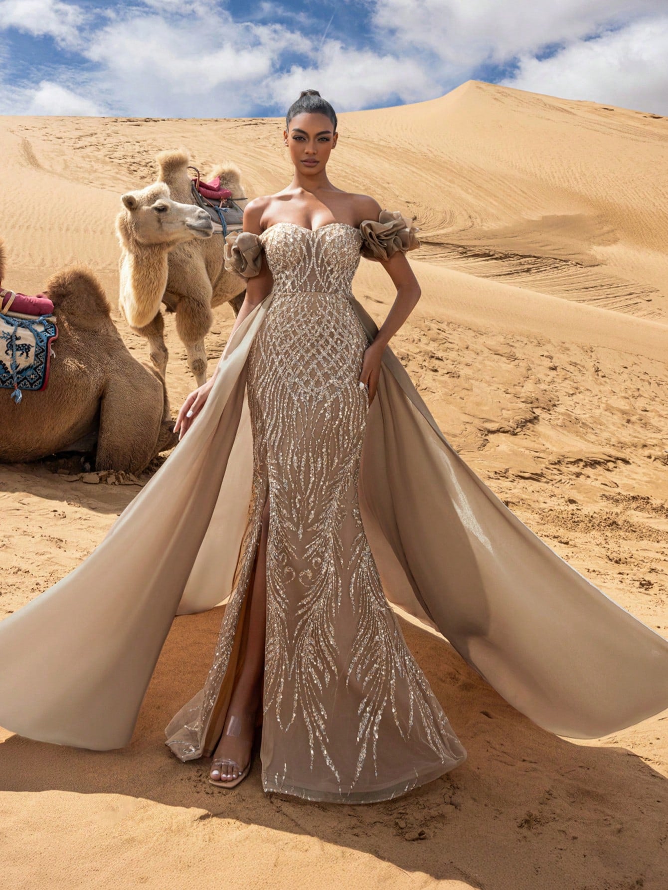 Gorgeous Off Shoulder Organza Overlay Beaded Formal Dresses & Evening Gowns