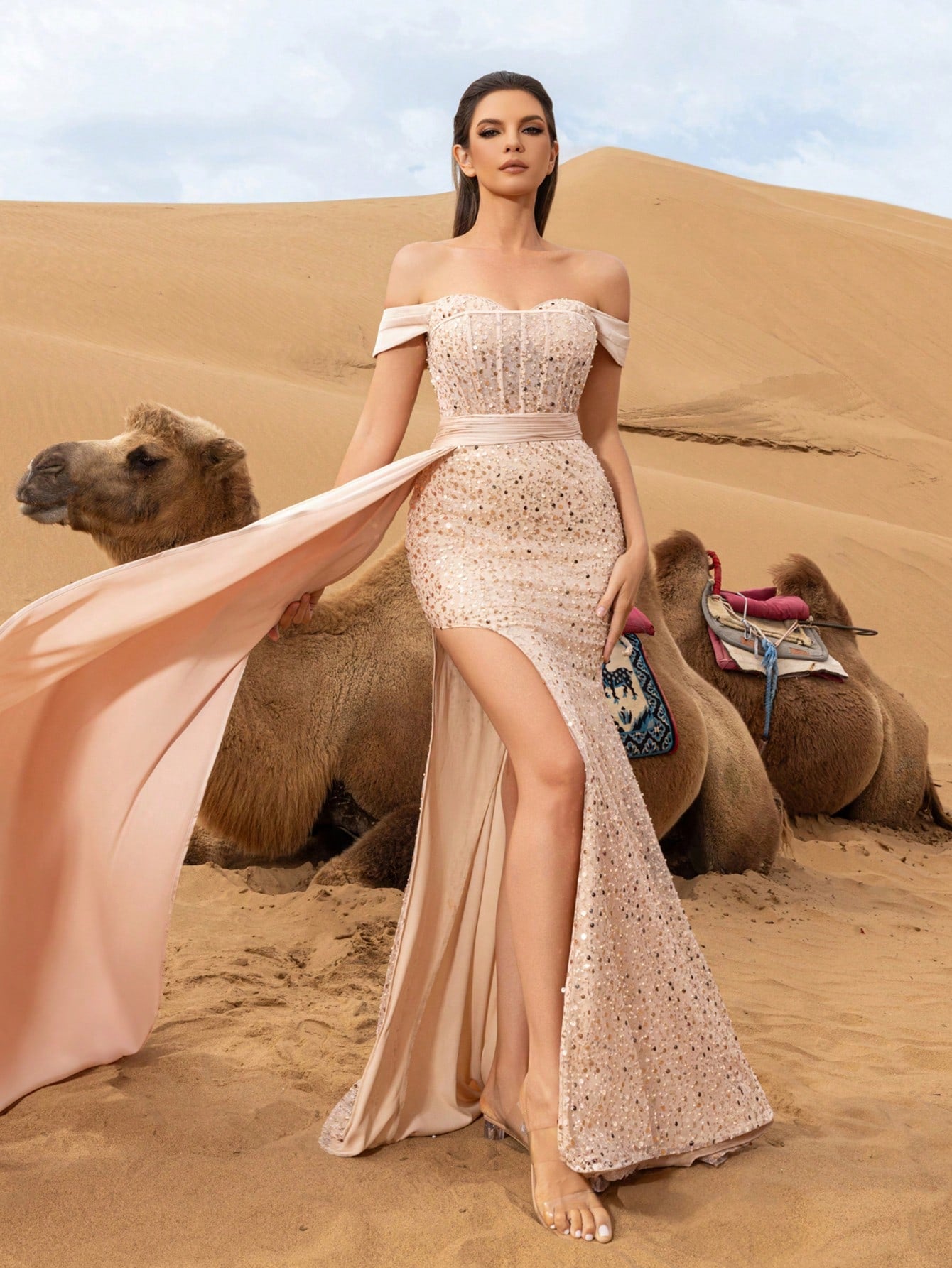 Off Shoulder Draped Side Split Thigh Sequin Formal Party Dress
