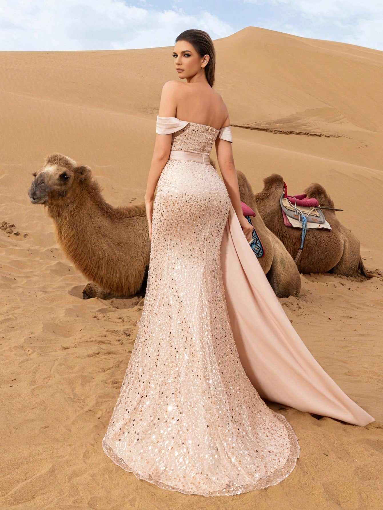 Off Shoulder Draped Side Split Thigh Sequin Formal Party Dress