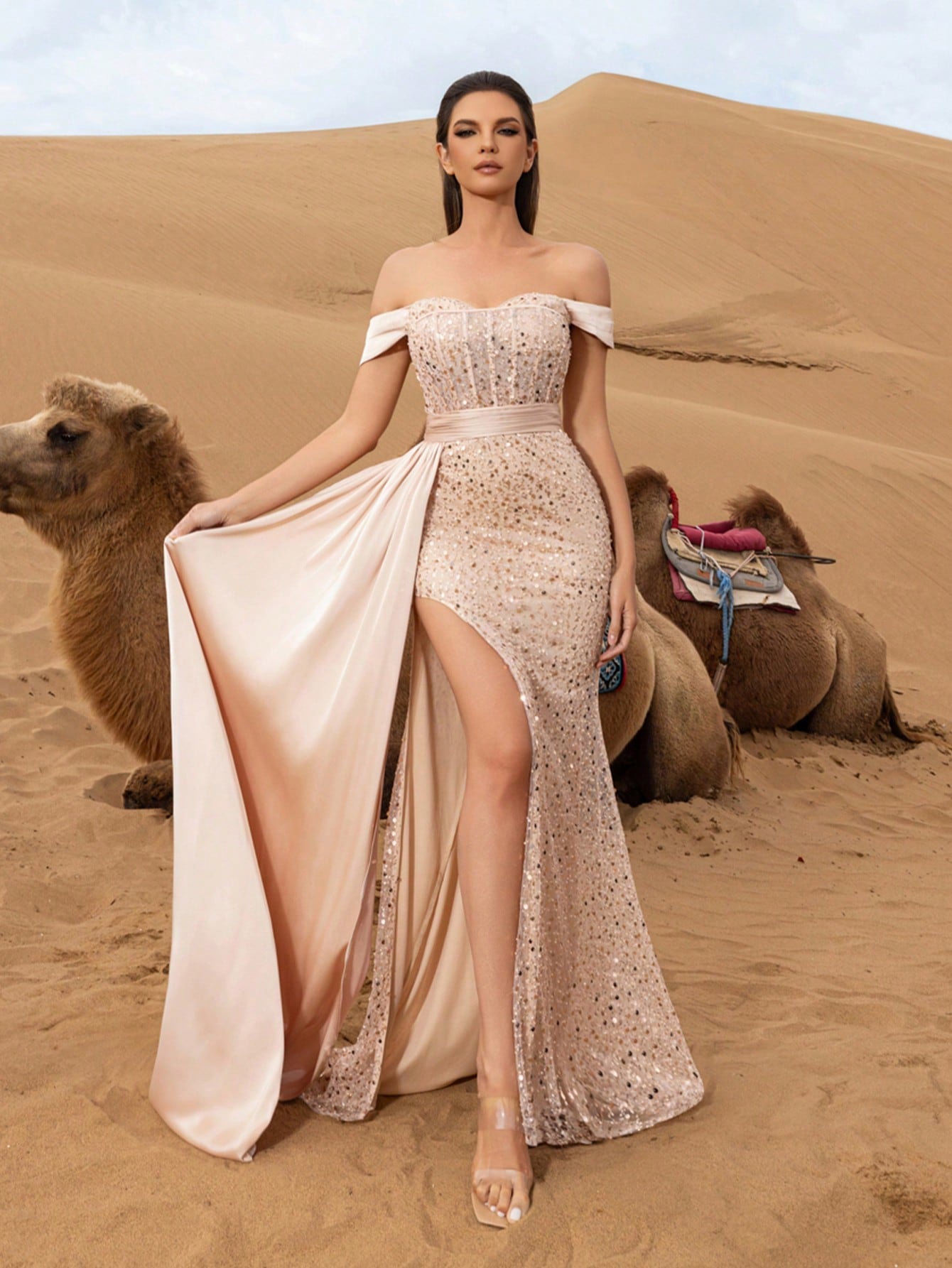 Off Shoulder Draped Side Split Thigh Sequin Formal Party Dress