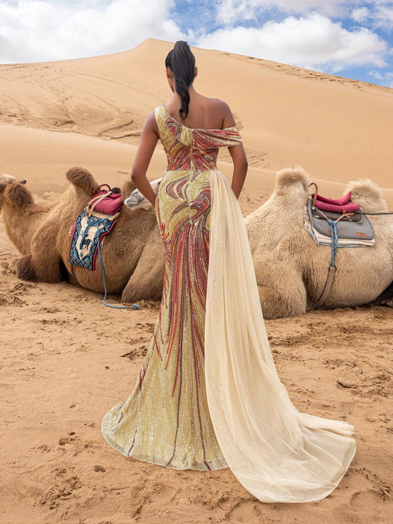 Gorgeous Sloping Shoulder Tulle Draped Side Graphic Beaded Formal Dresses & Evening Gowns