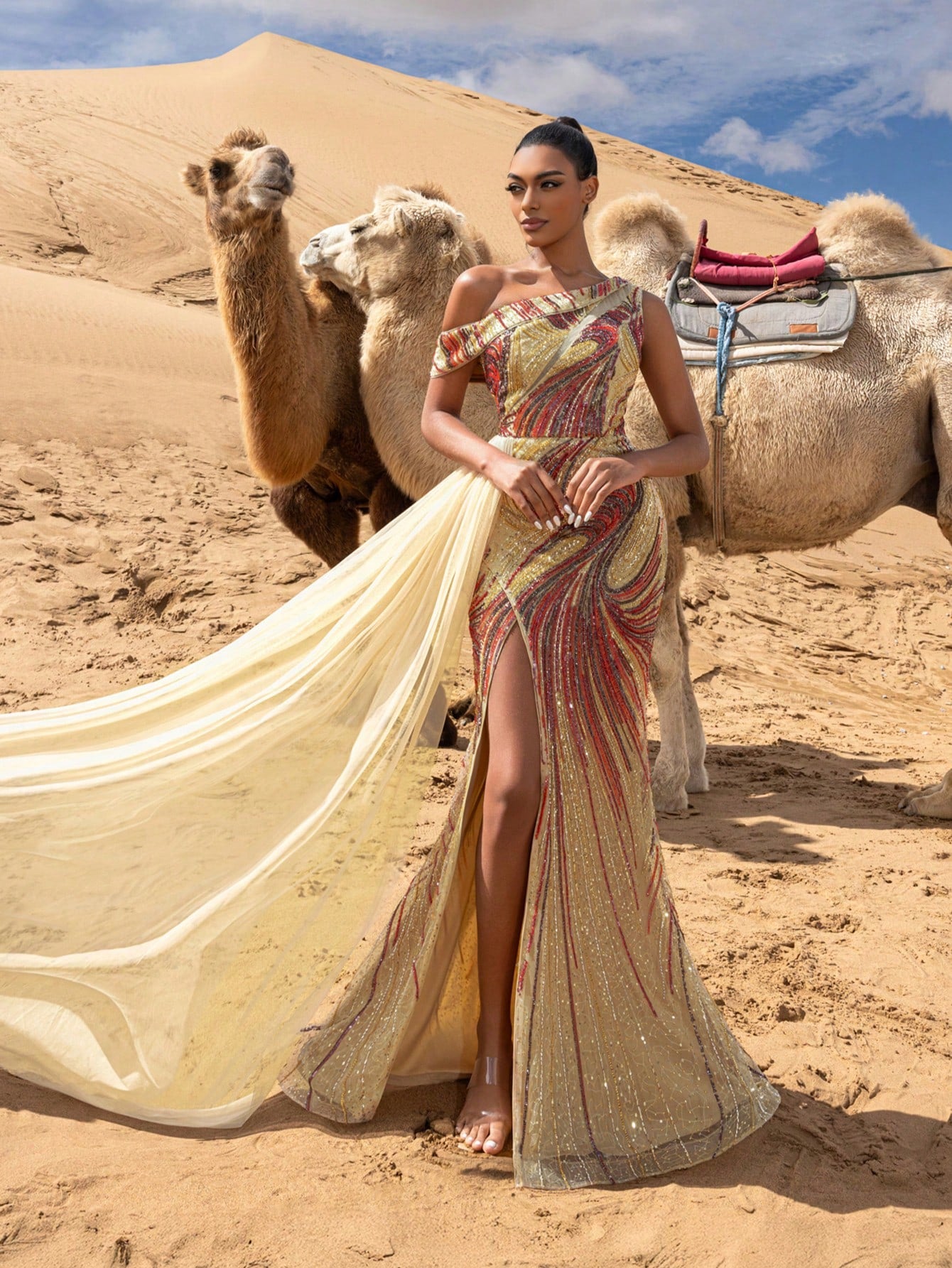 Gorgeous Sloping Shoulder Tulle Draped Side Graphic Beaded Formal Dresses & Evening Gowns