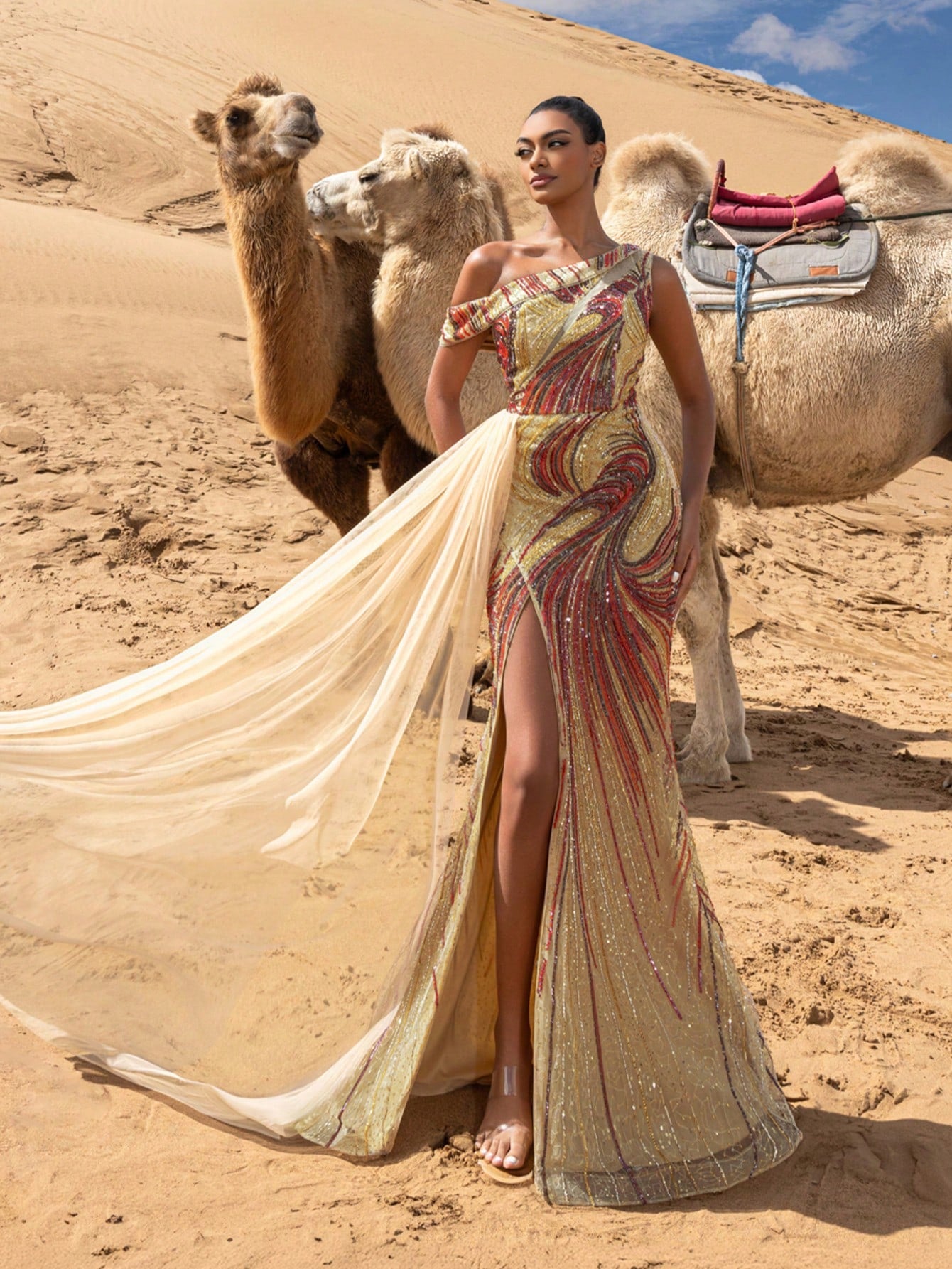 Gorgeous Sloping Shoulder Tulle Draped Side Graphic Beaded Formal Dresses & Evening Gowns